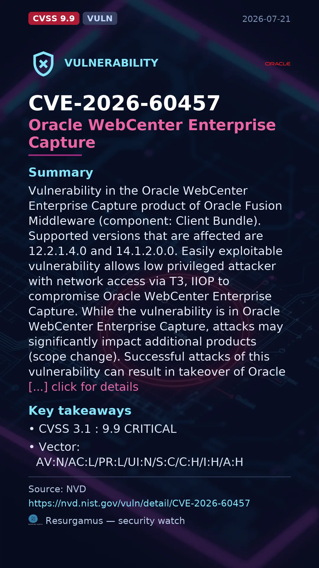 CVE-2026-60457 Oracle WebCenter Enterprise Capture Vulnerability