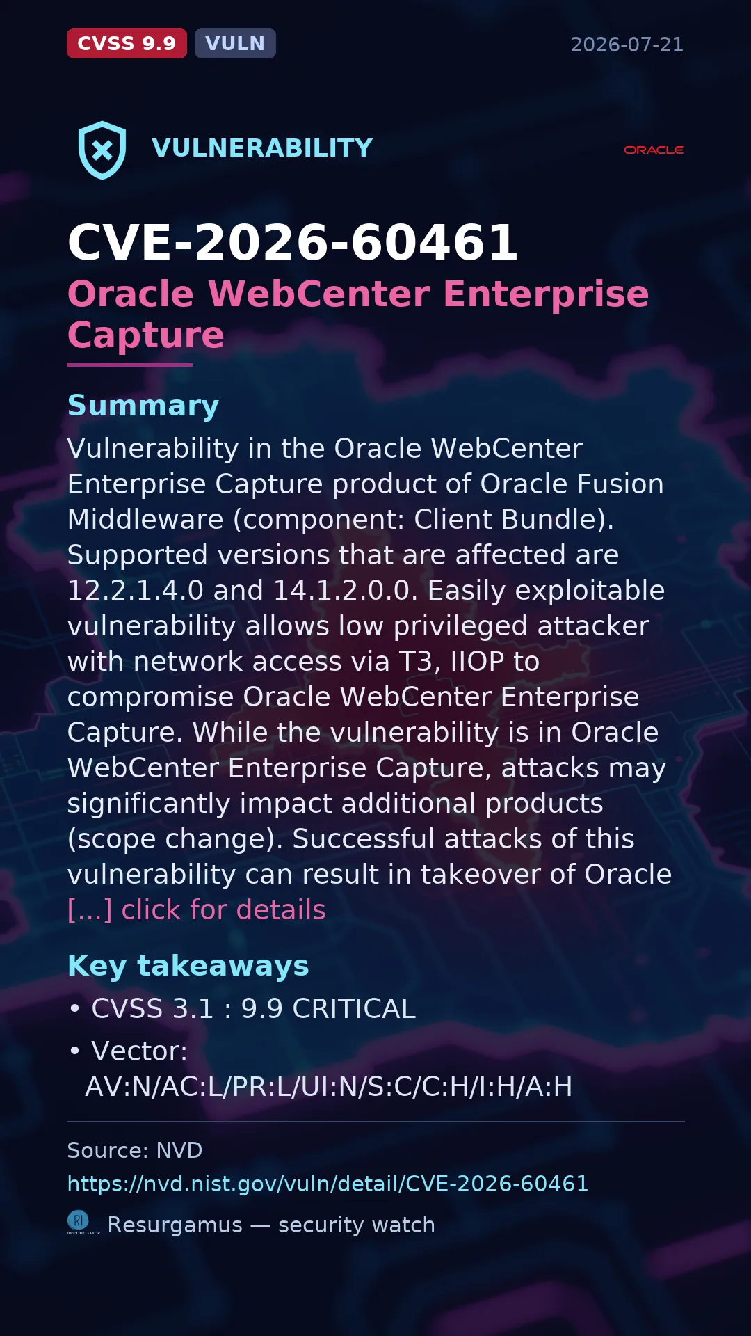 CVE-2026-60461 Oracle WebCenter Enterprise Capture Vulnerability