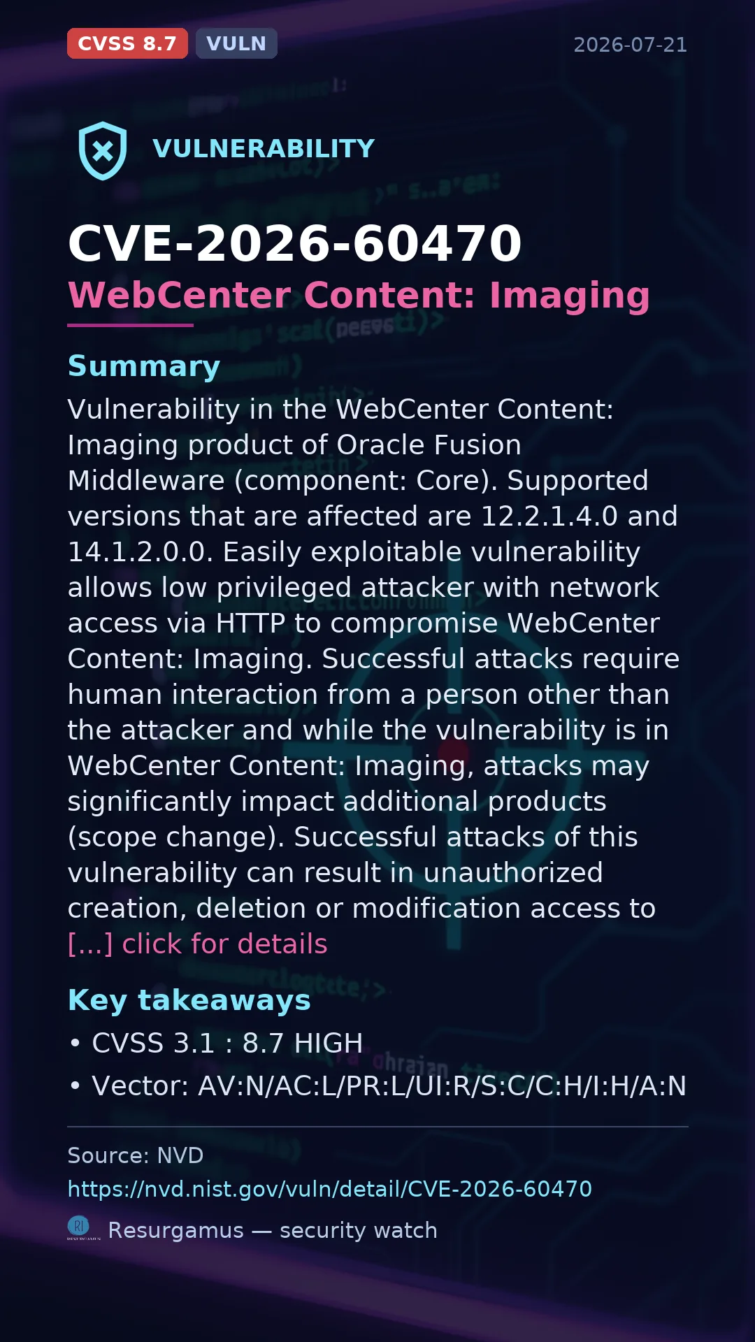 CVE-2026-60470 WebCenter Content: Imaging Vulnerability