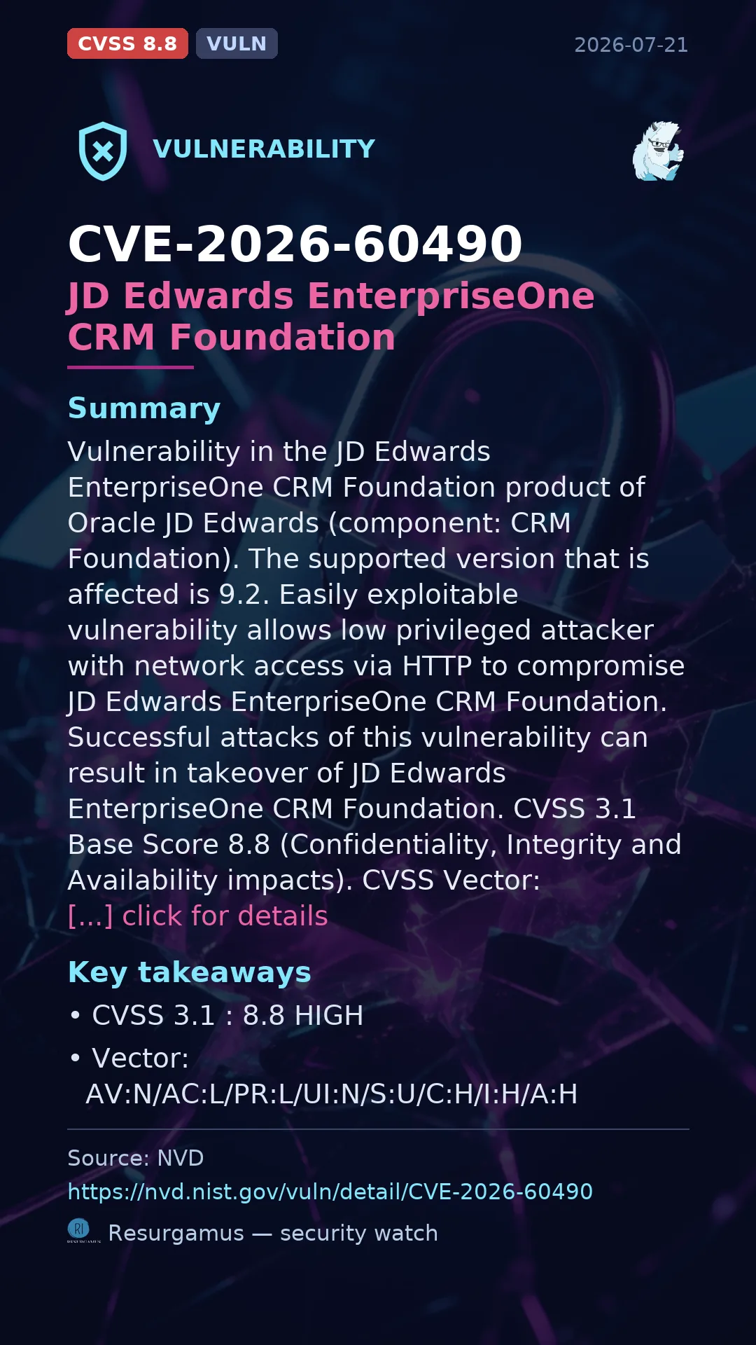 CVE-2026-60490 JD Edwards EnterpriseOne CRM Foundation Vulnerability