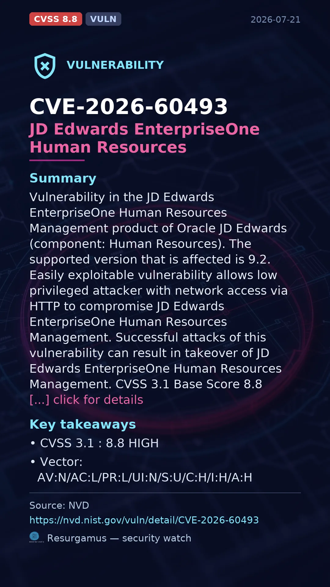 CVE-2026-60493 JD Edwards EnterpriseOne Human Resources Vulnerability