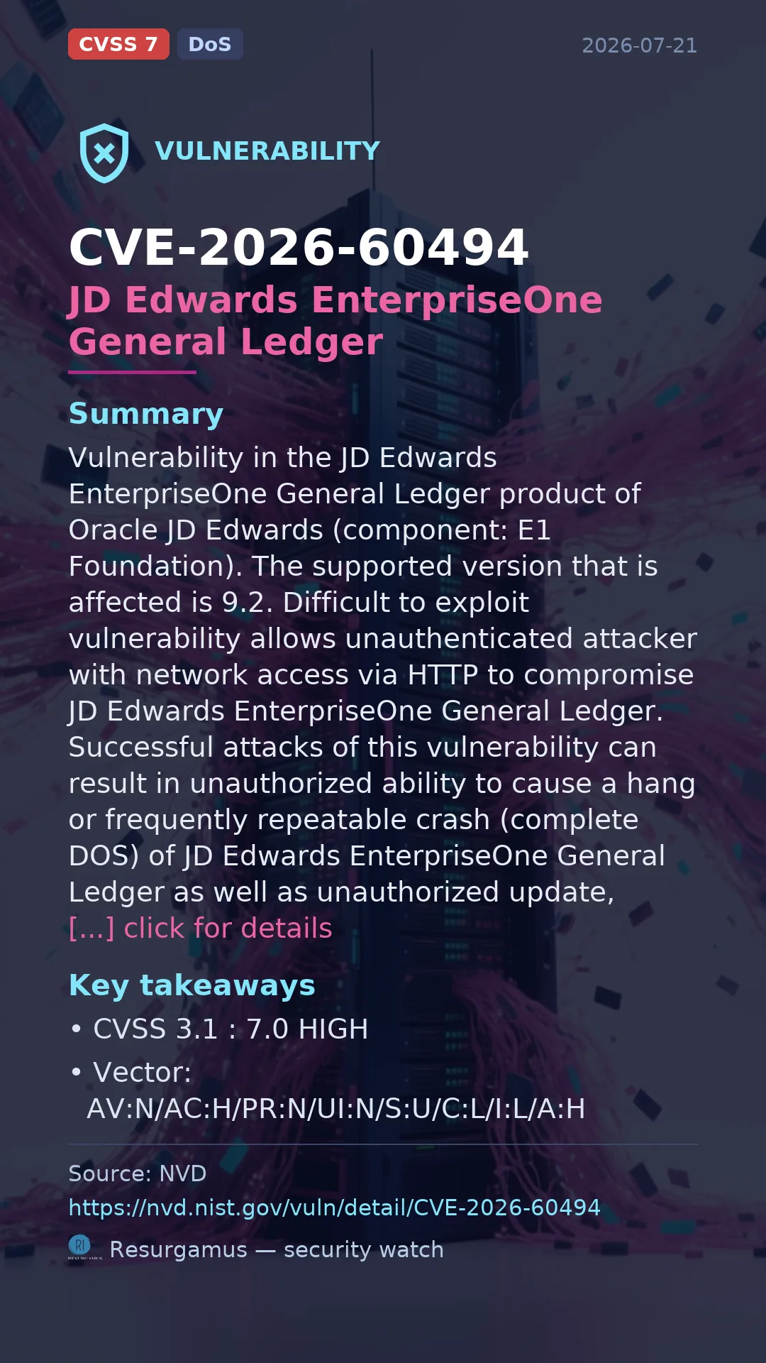 CVE-2026-60494 JD Edwards EnterpriseOne General Ledger Vulnerability