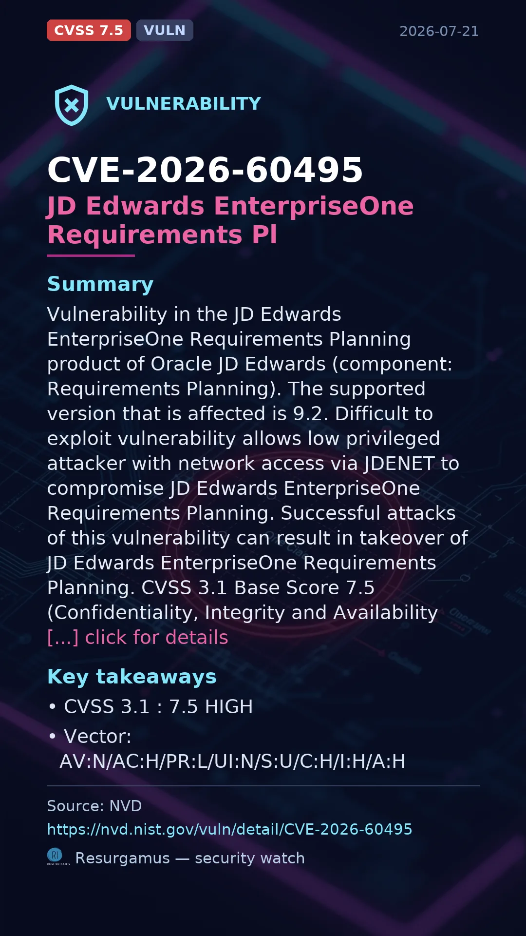 CVE-2026-60495 JD Edwards EnterpriseOne Requirements Pl Vulnerability