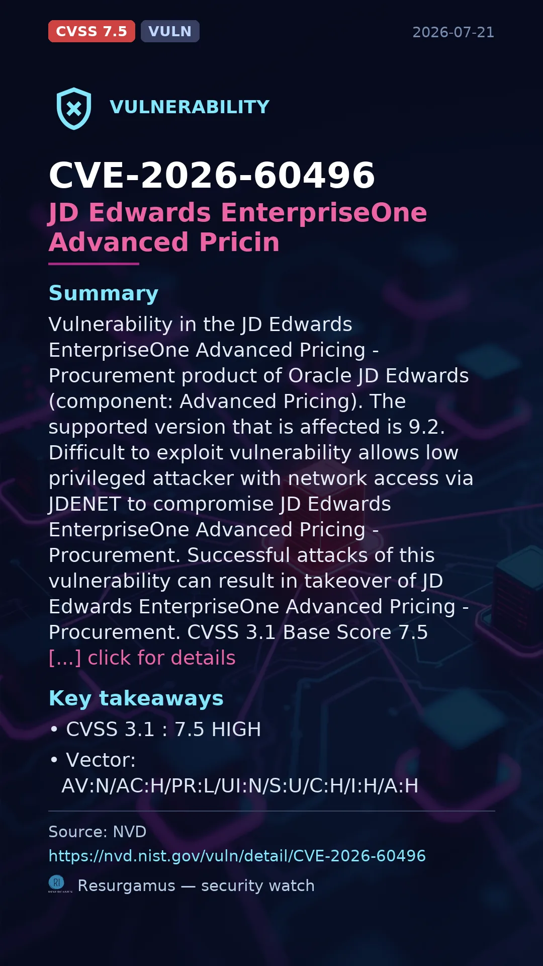 CVE-2026-60496 JD Edwards EnterpriseOne Advanced Pricin Vulnerability