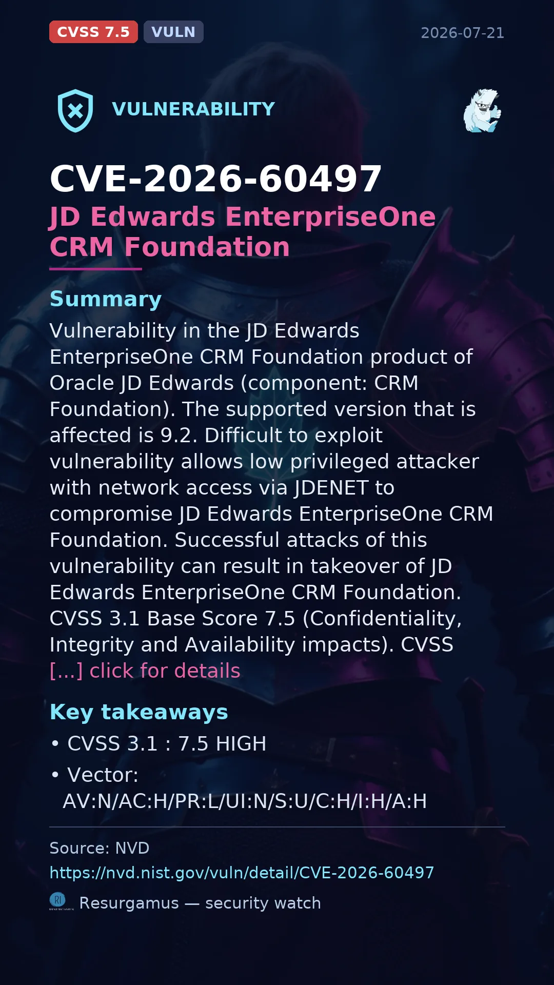 CVE-2026-60497 JD Edwards EnterpriseOne CRM Foundation Vulnerability