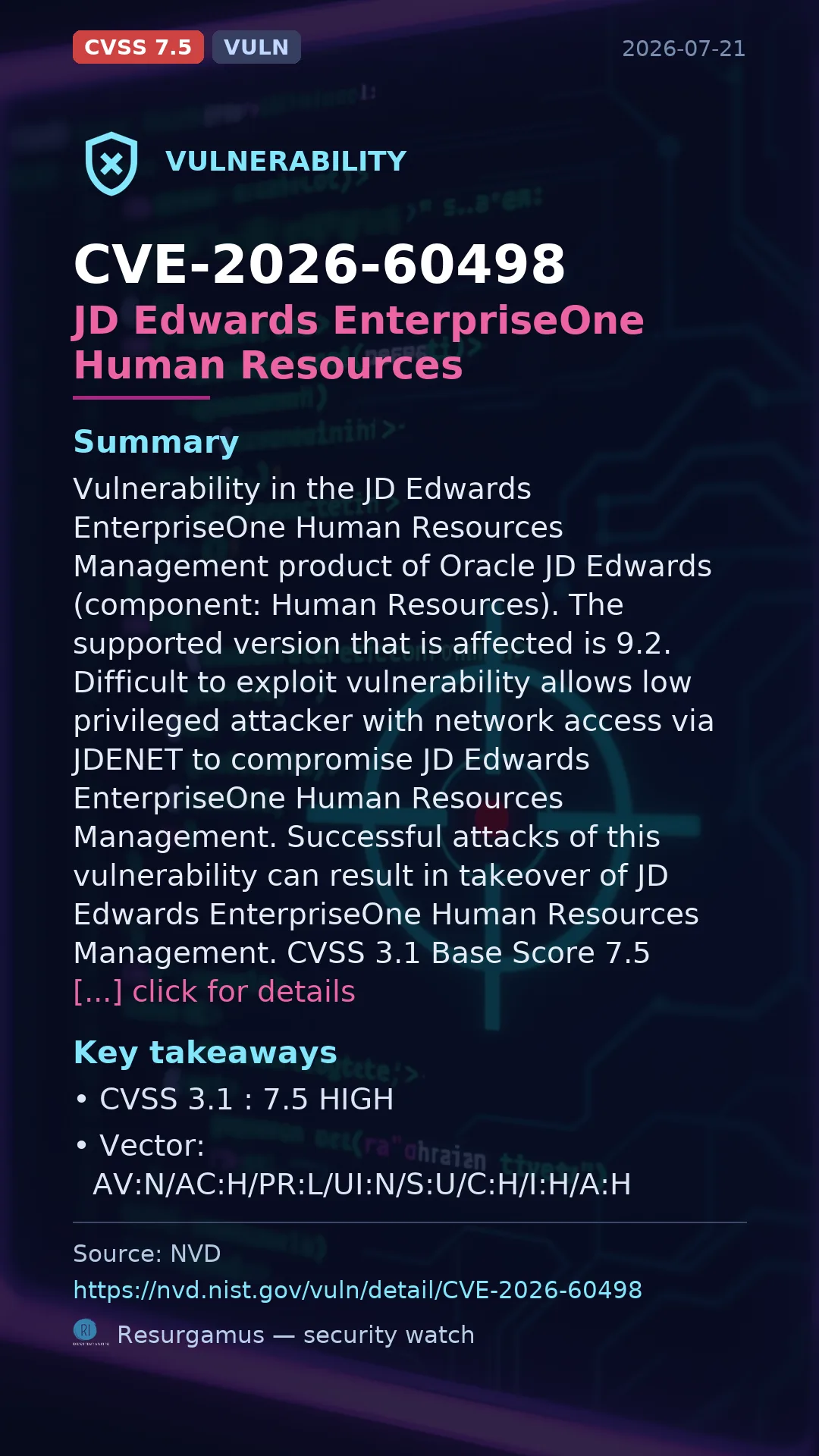 CVE-2026-60498 JD Edwards EnterpriseOne Human Resources Vulnerability