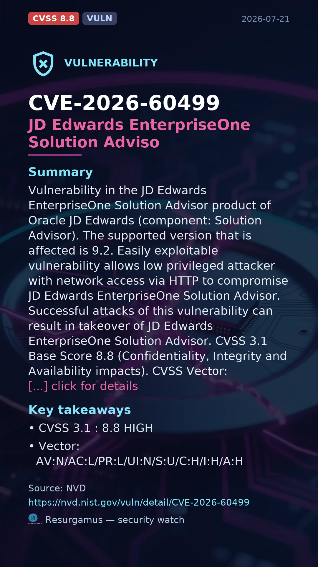 CVE-2026-60499 JD Edwards EnterpriseOne Solution Adviso Vulnerability