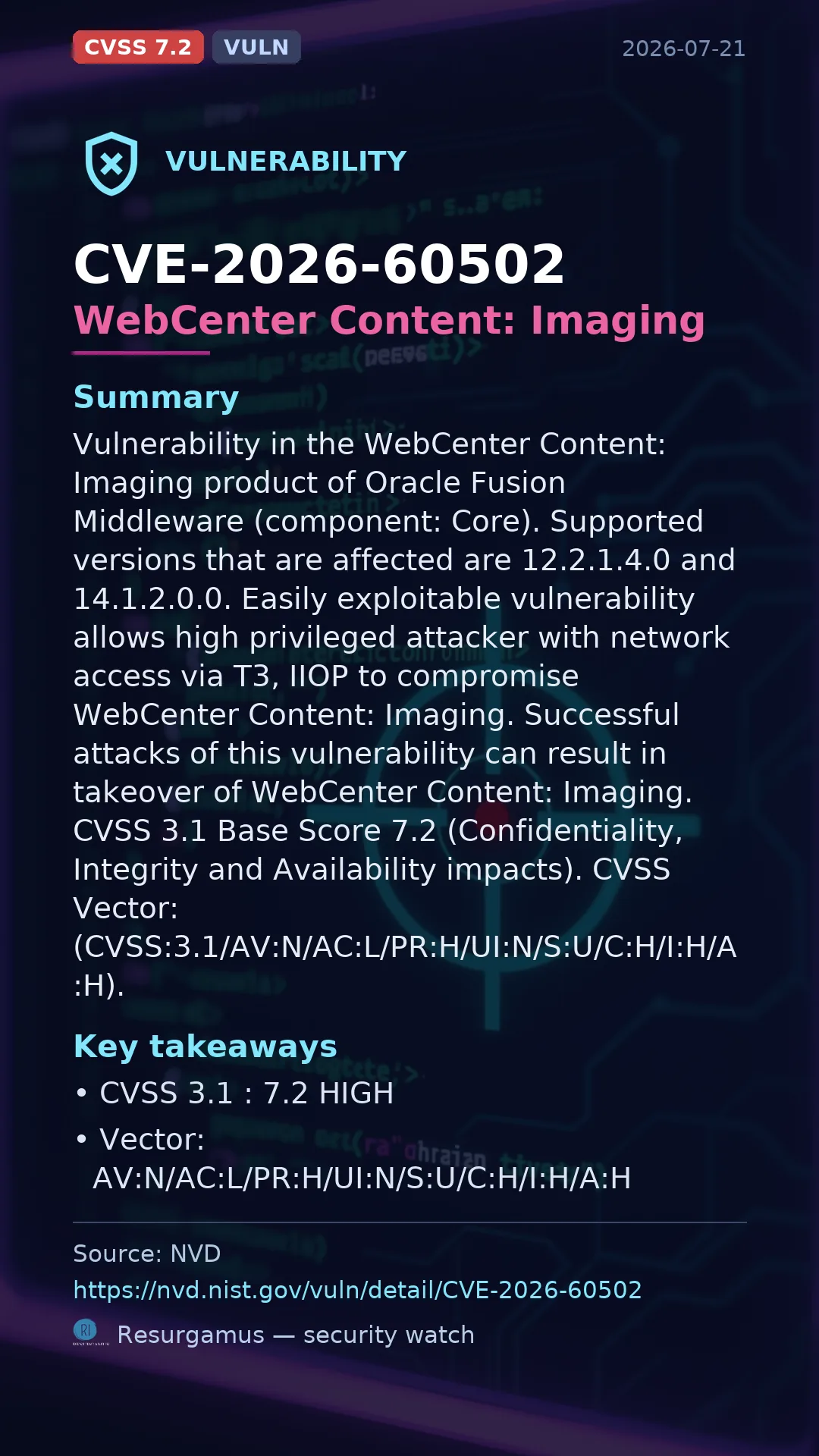 CVE-2026-60502 WebCenter Content: Imaging Vulnerability