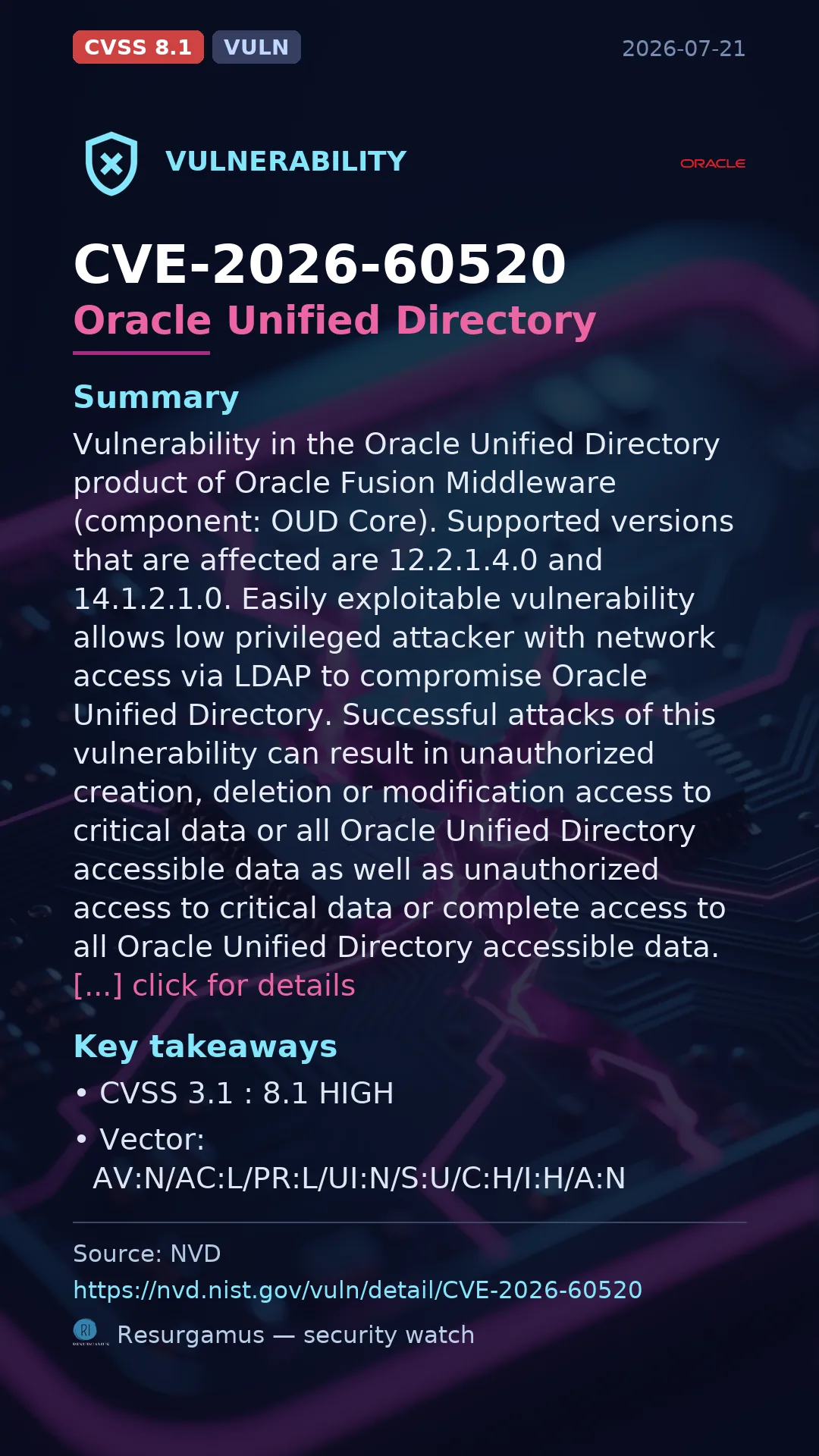 CVE-2026-60520 Oracle Unified Directory Vulnerability
