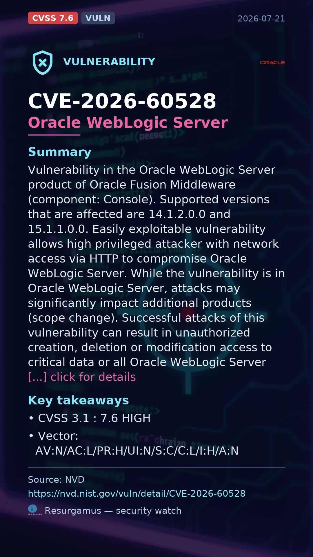 CVE-2026-60528 Oracle WebLogic Server Vulnerability