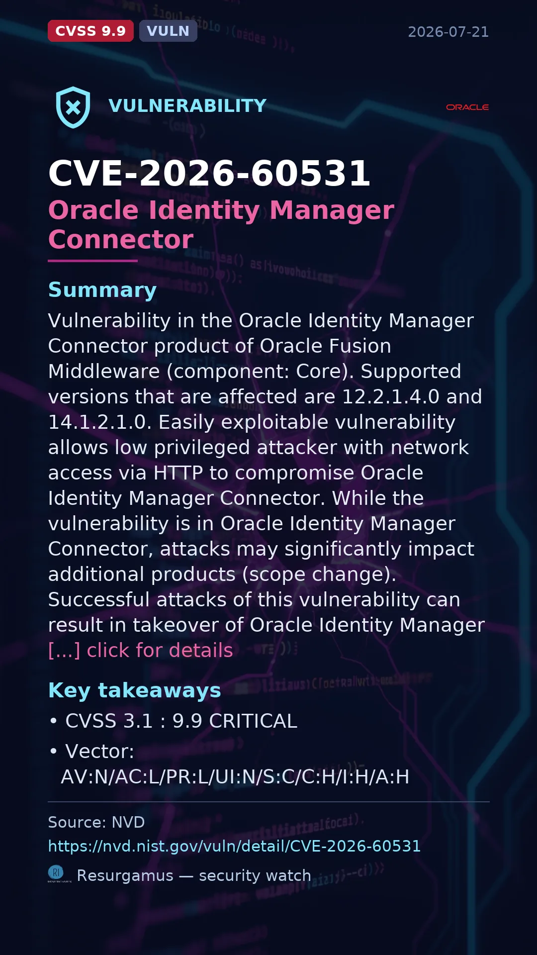 CVE-2026-60531 Oracle Identity Manager Connector Vulnerability
