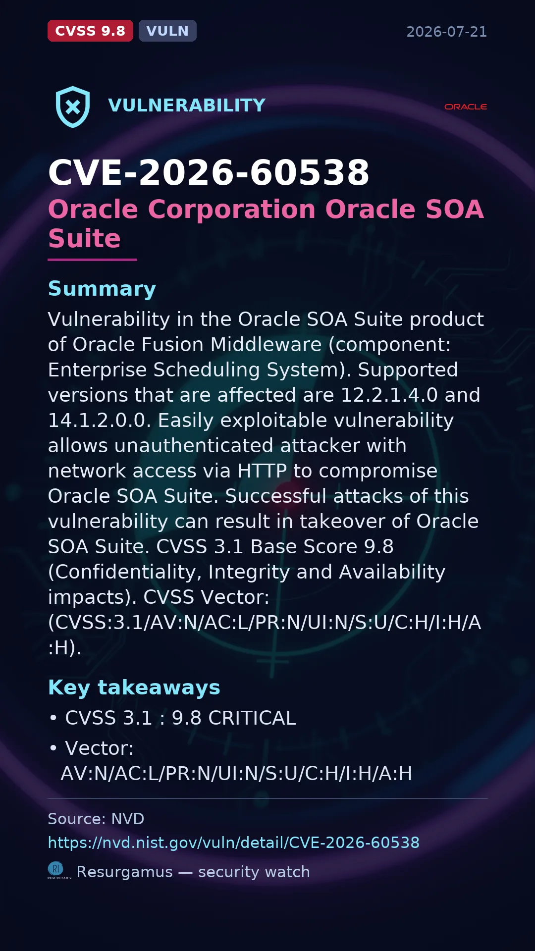 CVE-2026-60538 Oracle Corporation Oracle SOA Suite Vulnerability