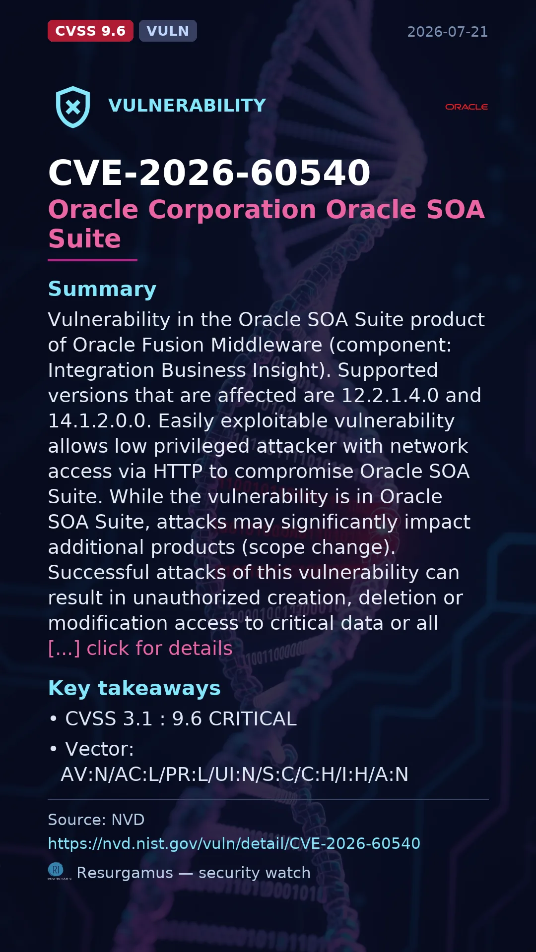 CVE-2026-60540 Oracle Corporation Oracle SOA Suite Vulnerability