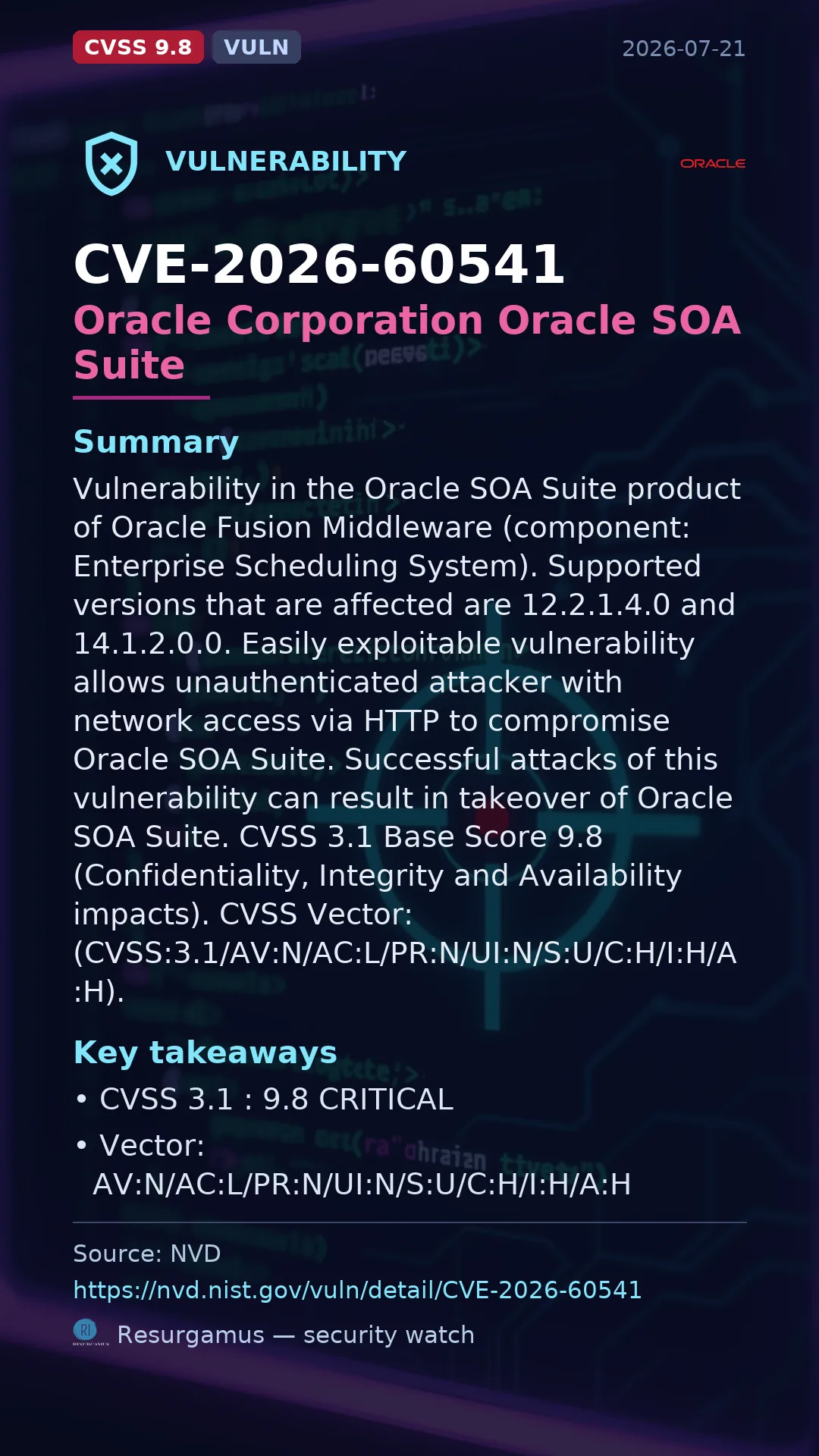 CVE-2026-60541 Oracle Corporation Oracle SOA Suite Vulnerability