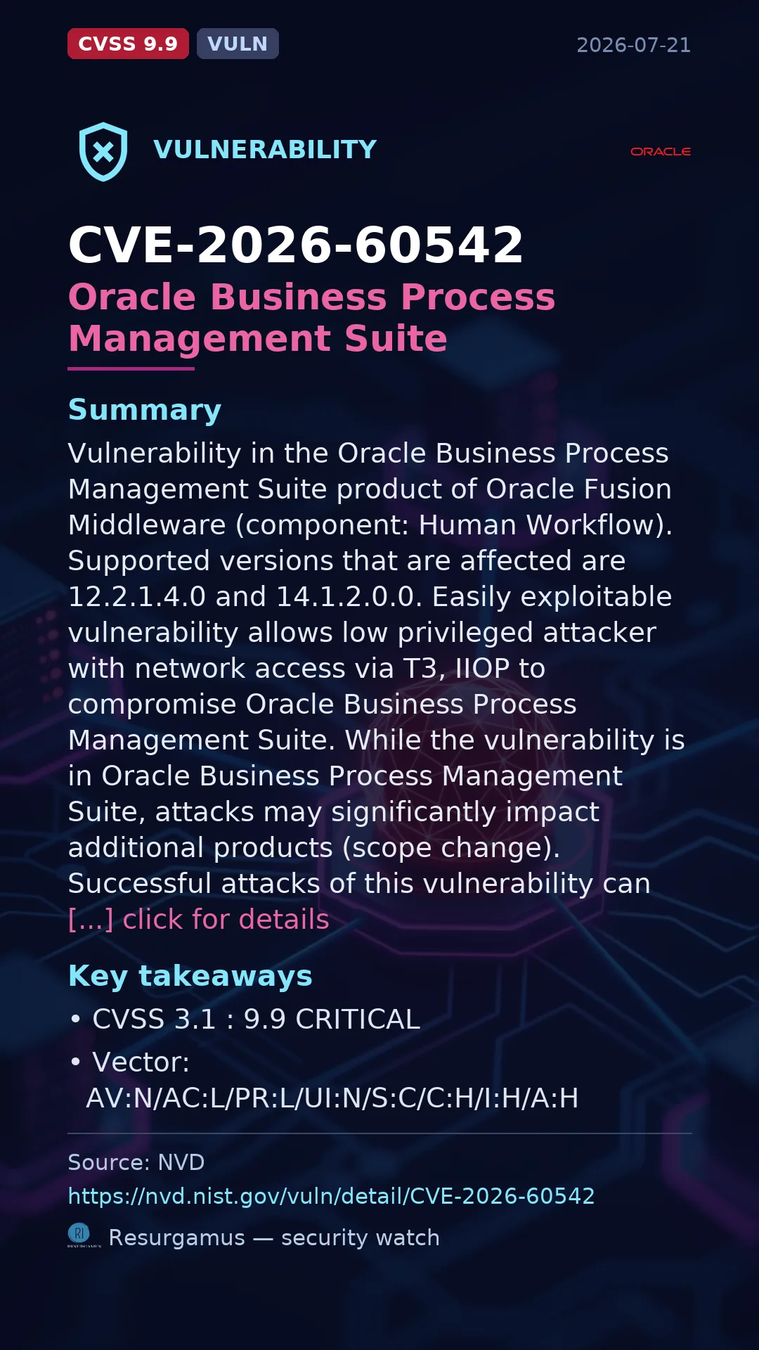 CVE-2026-60542 Oracle Business Process Management Suite Vulnerability