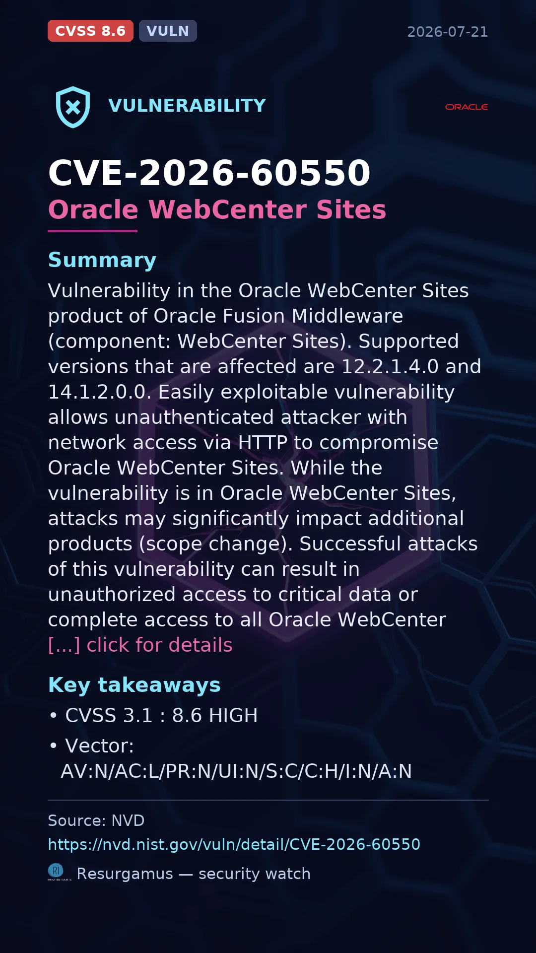 CVE-2026-60550 Oracle WebCenter Sites Vulnerability