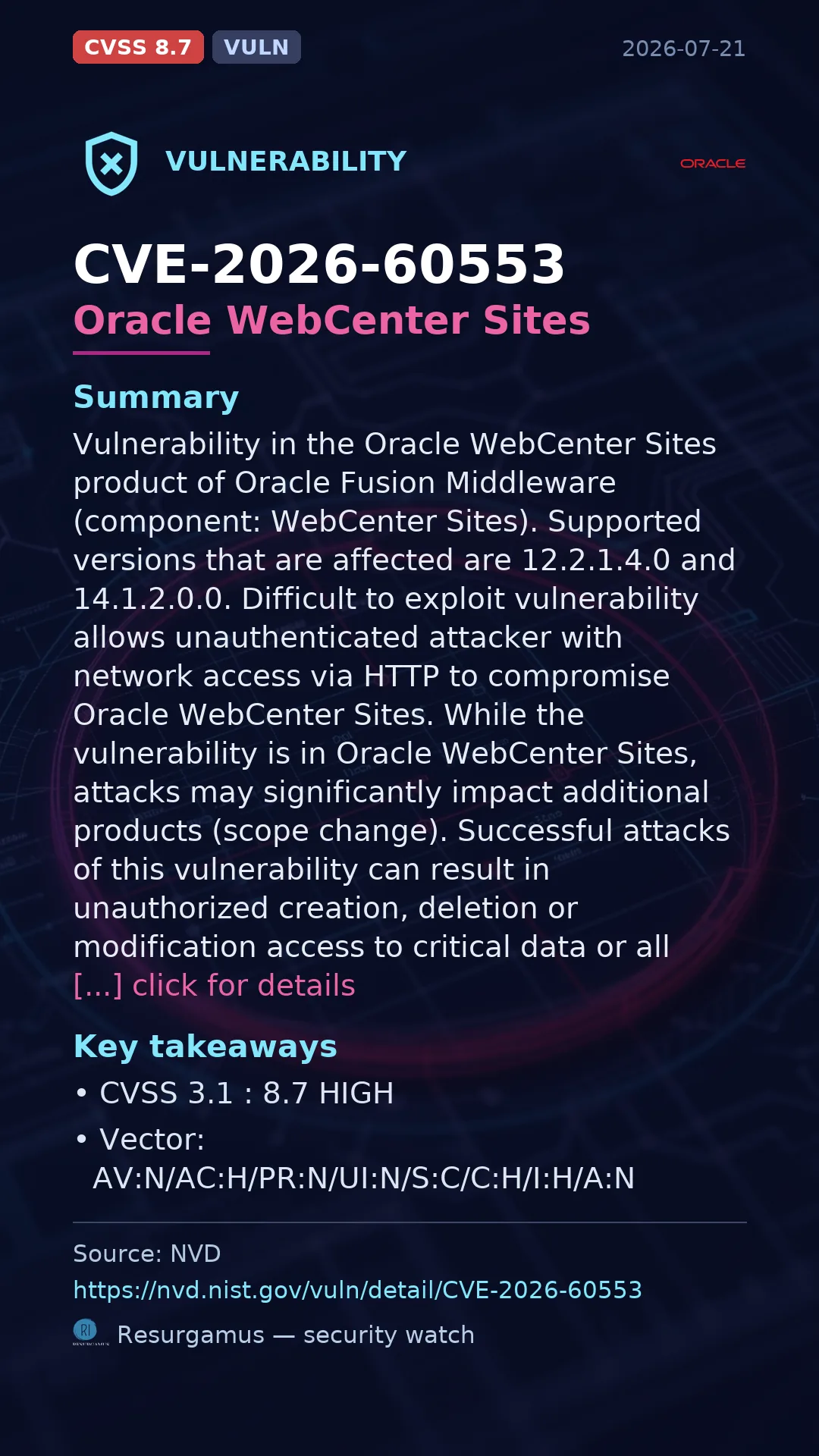 CVE-2026-60553 Oracle WebCenter Sites Vulnerability