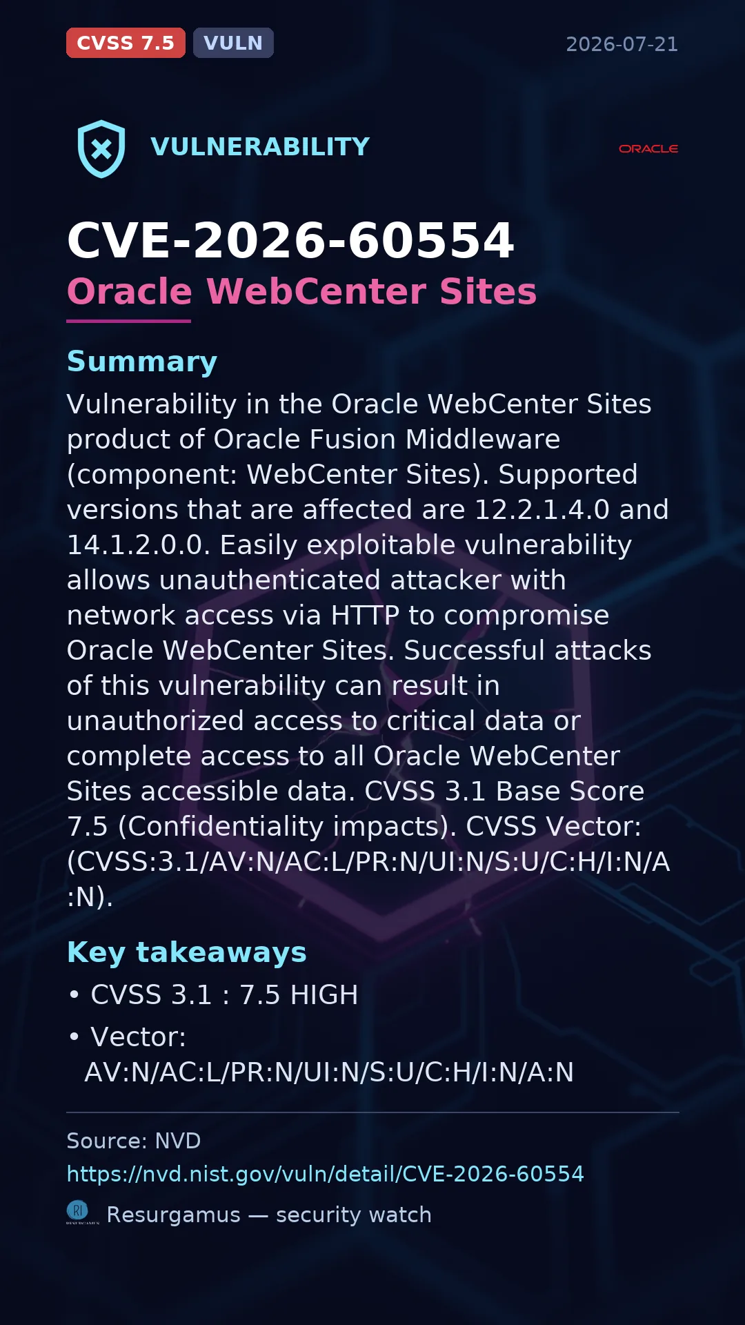 CVE-2026-60554 Oracle WebCenter Sites Vulnerability