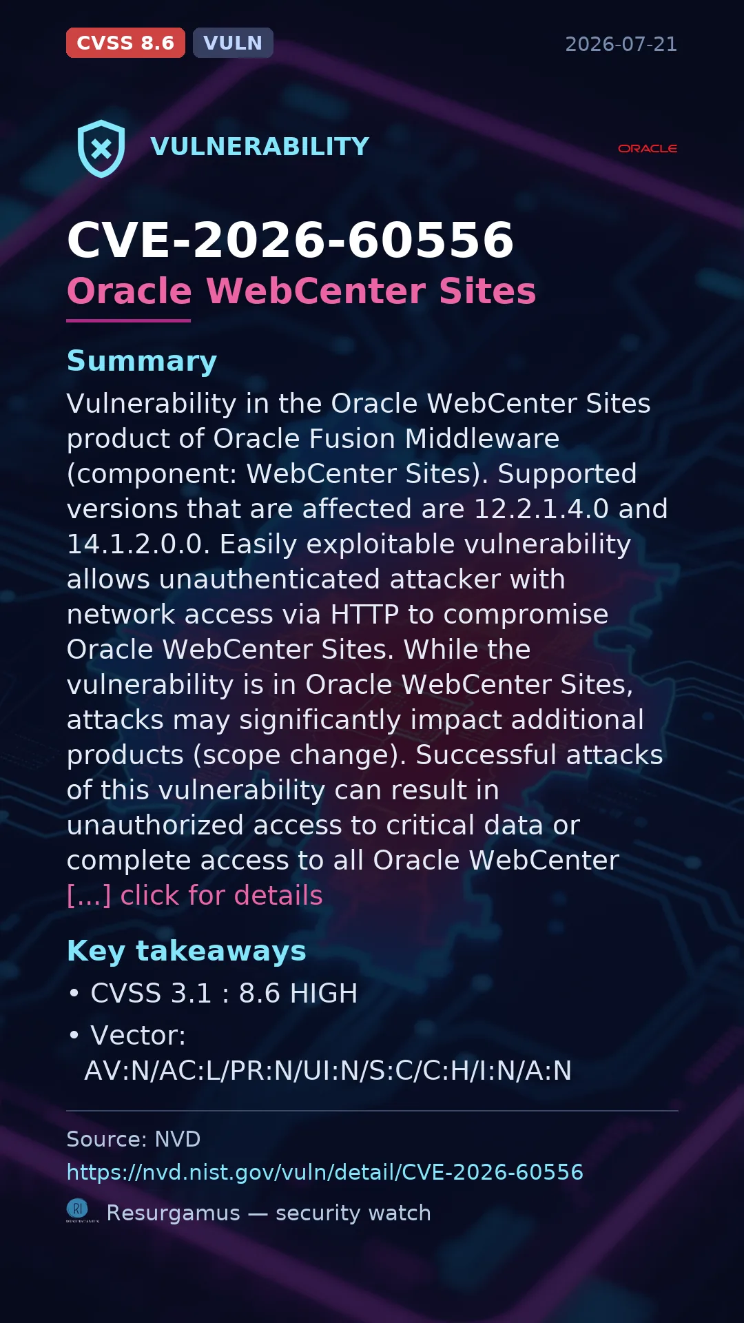 CVE-2026-60556 Oracle WebCenter Sites Vulnerability