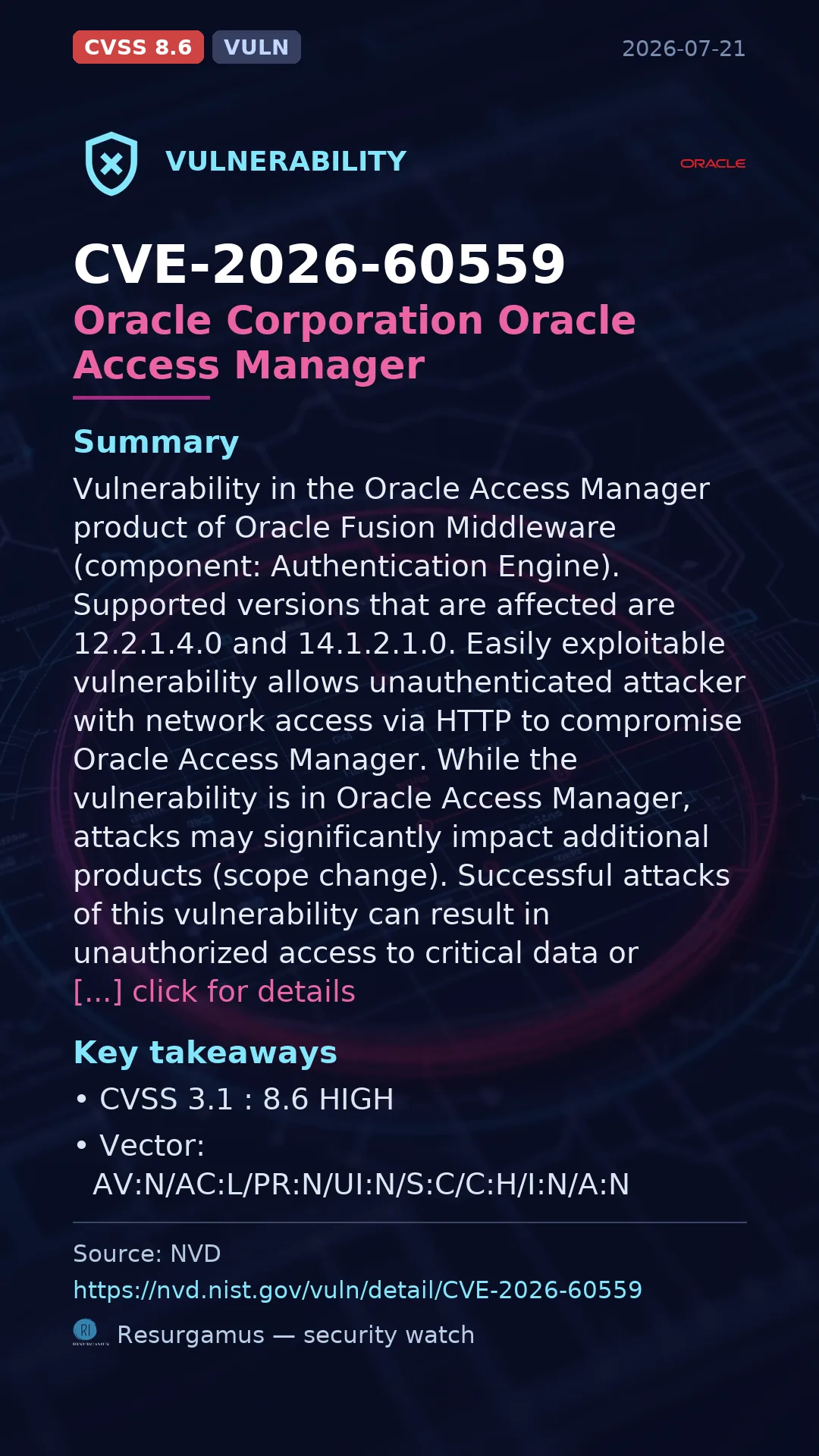 CVE-2026-60559 Oracle Corporation Oracle Access Manager Vulnerability