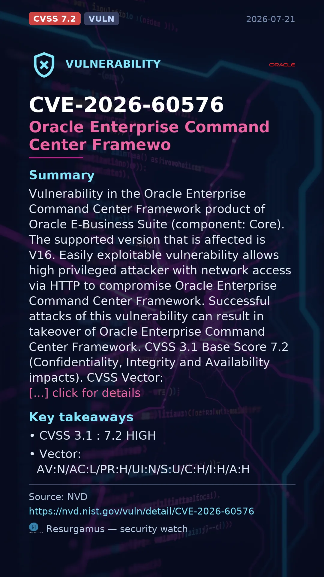 CVE-2026-60576 Oracle Enterprise Command Center Framewo Vulnerability