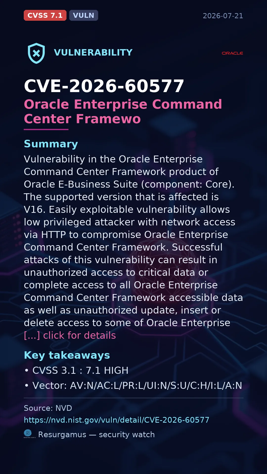 CVE-2026-60577 Oracle Enterprise Command Center Framewo Vulnerability