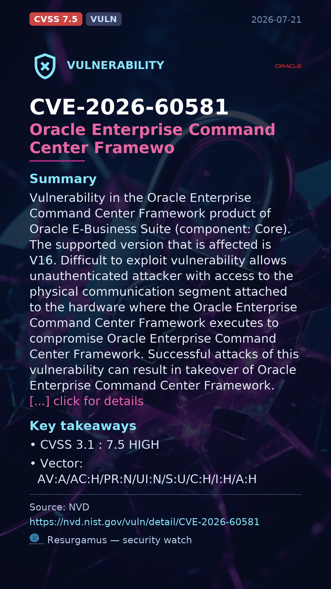 CVE-2026-60581 Oracle Enterprise Command Center Framewo Vulnerability