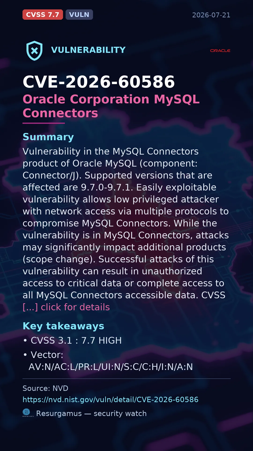 CVE-2026-60586 Oracle Corporation MySQL Connectors Vulnerability
