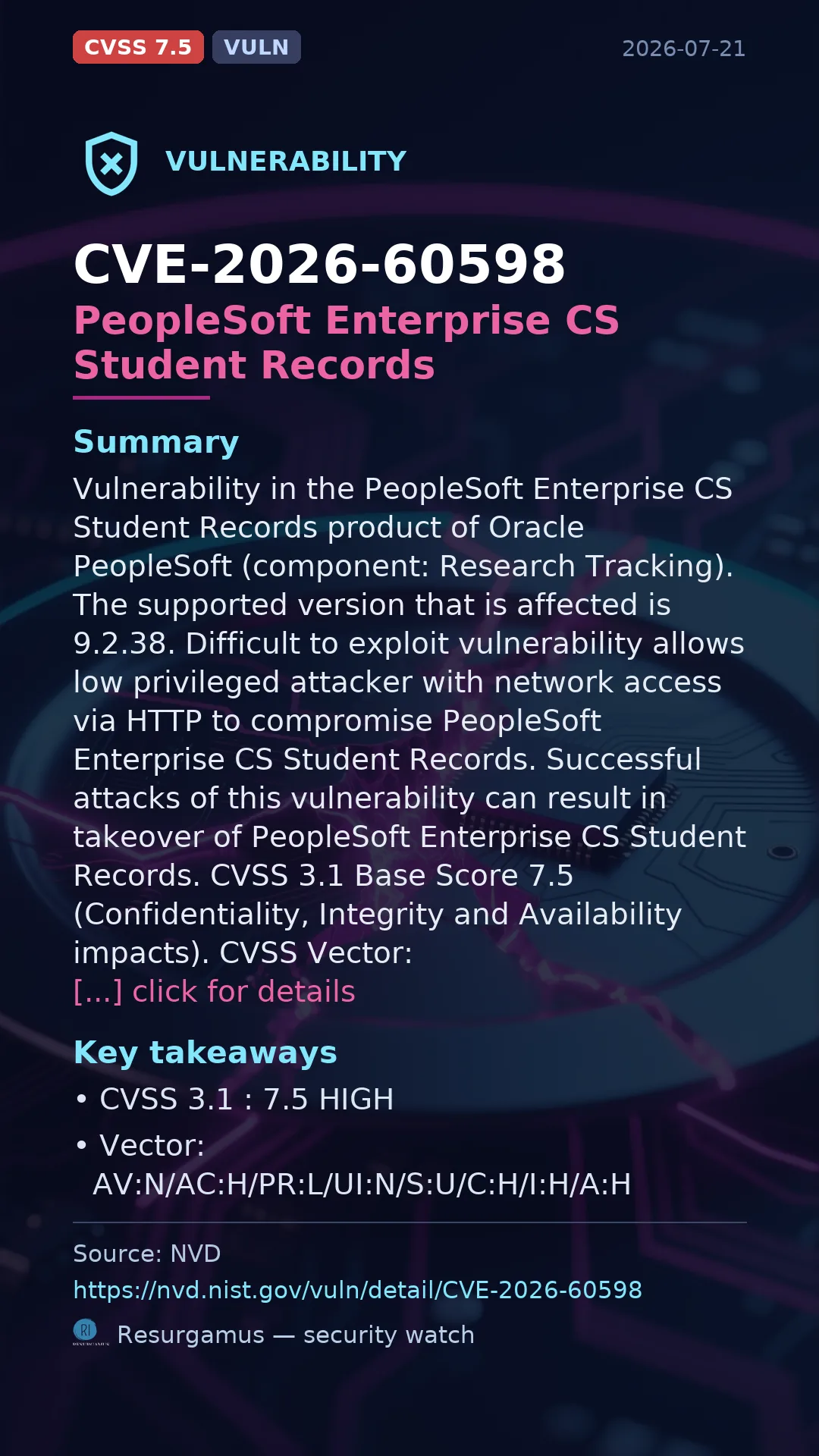 CVE-2026-60598 PeopleSoft Enterprise CS Student Records Vulnerability