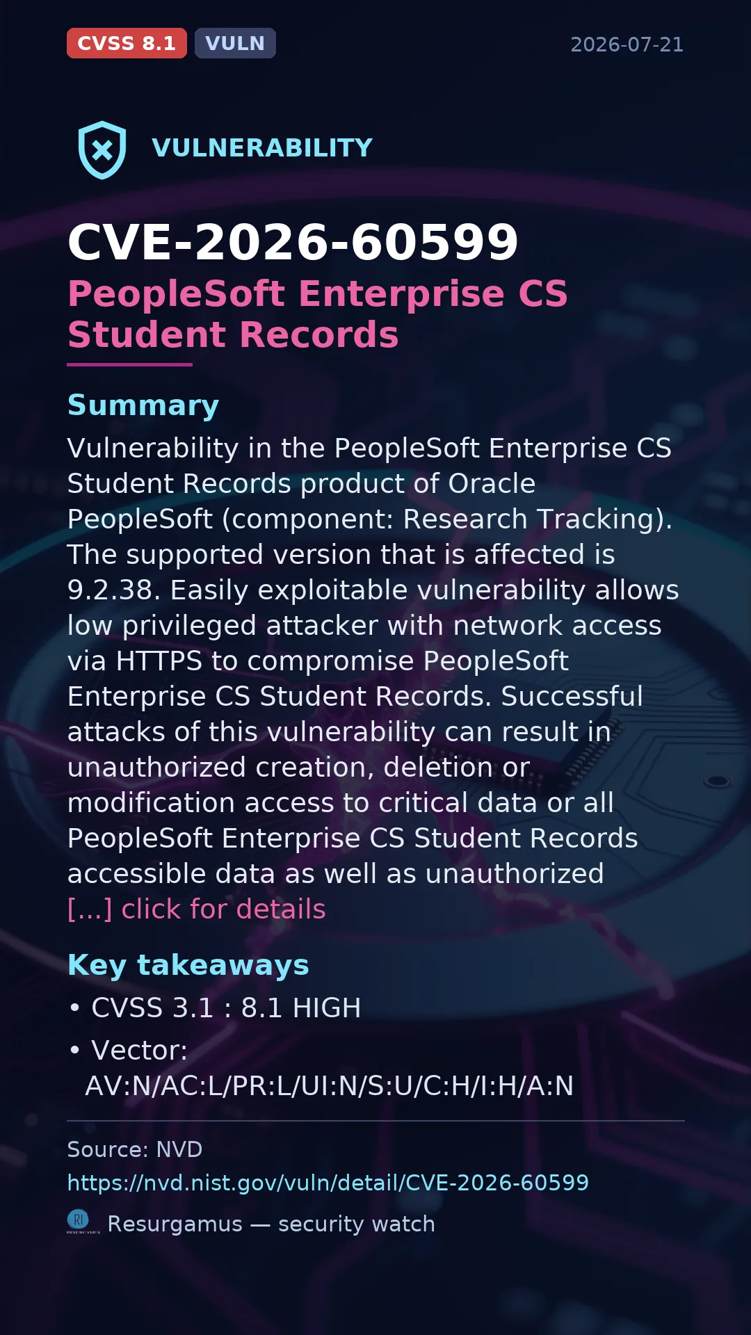 CVE-2026-60599 PeopleSoft Enterprise CS Student Records Vulnerability