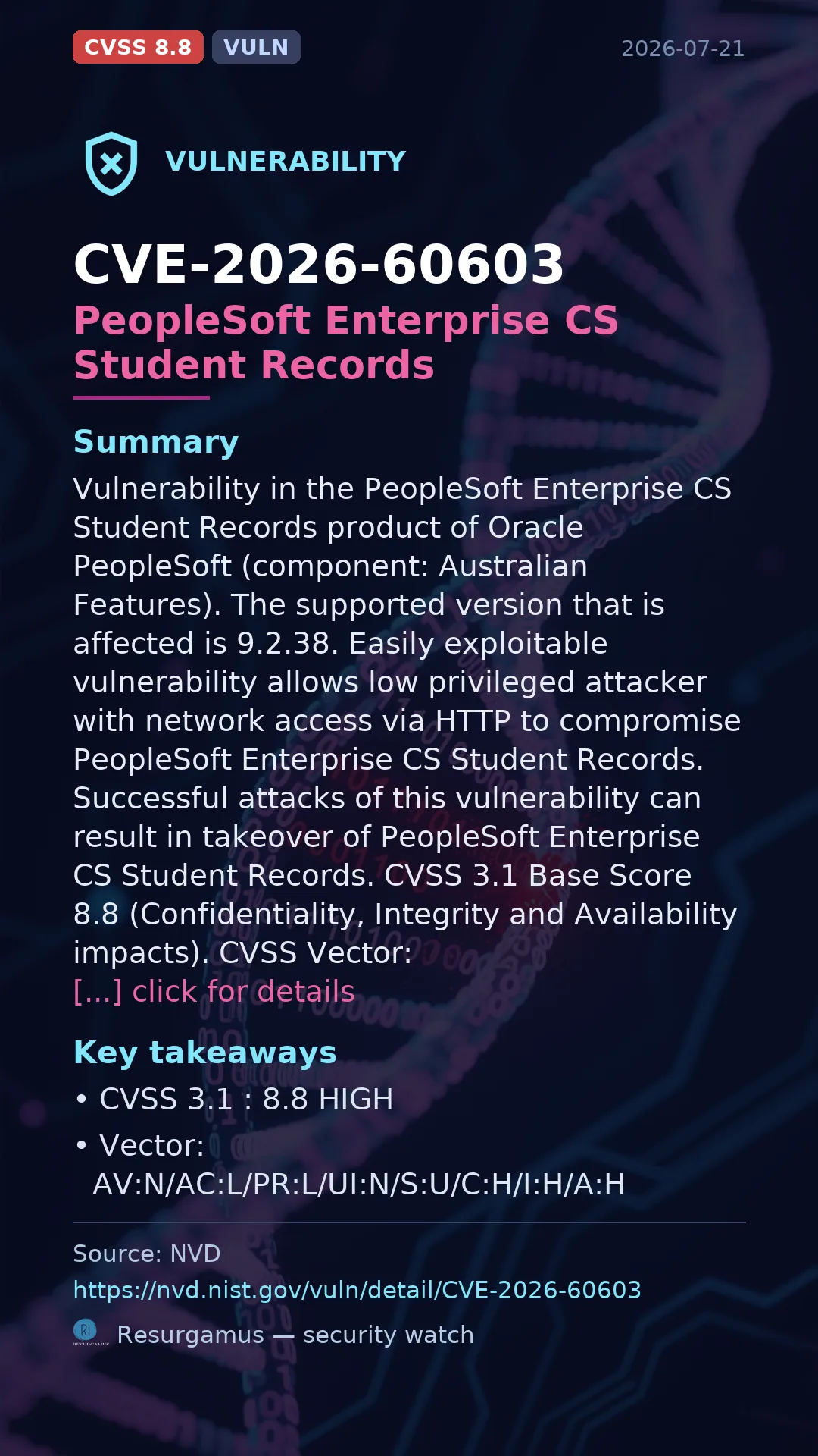 CVE-2026-60603 PeopleSoft Enterprise CS Student Records Vulnerability