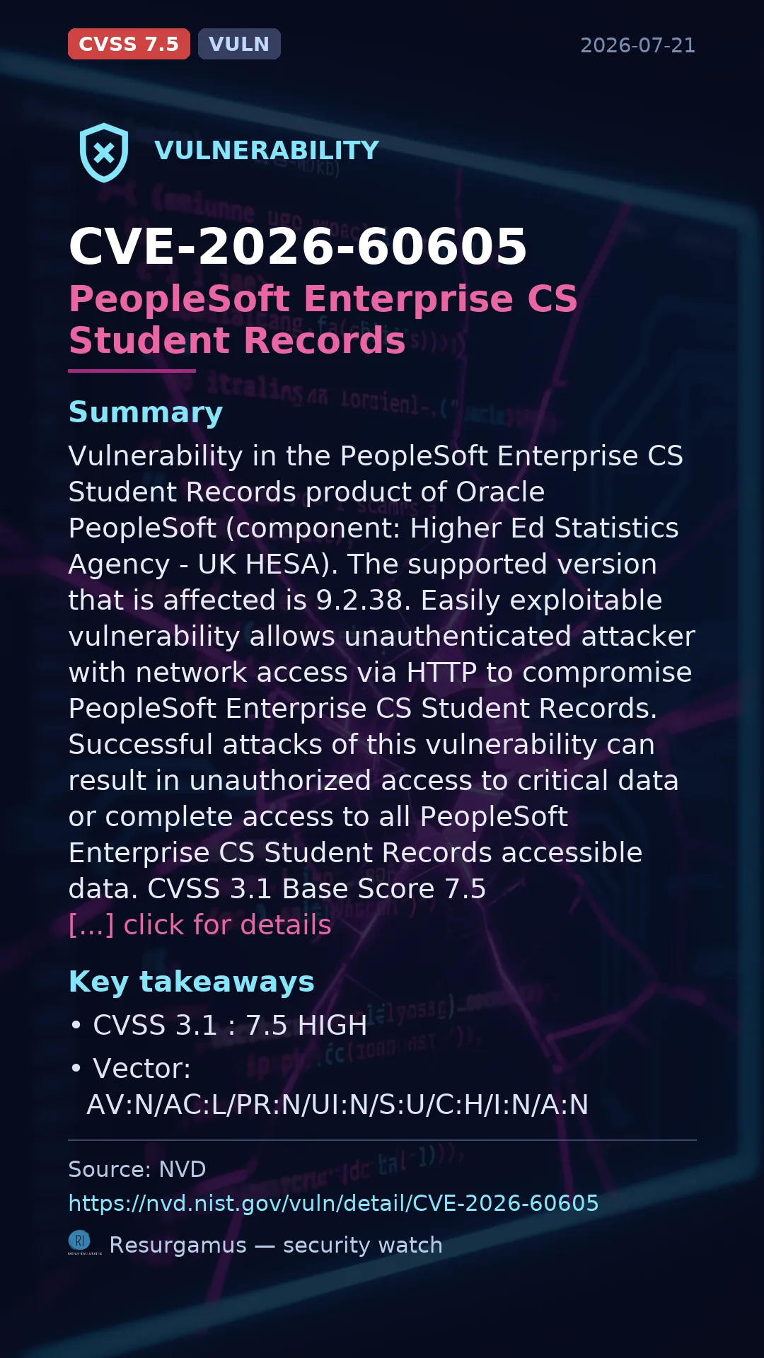 CVE-2026-60605 PeopleSoft Enterprise CS Student Records Vulnerability