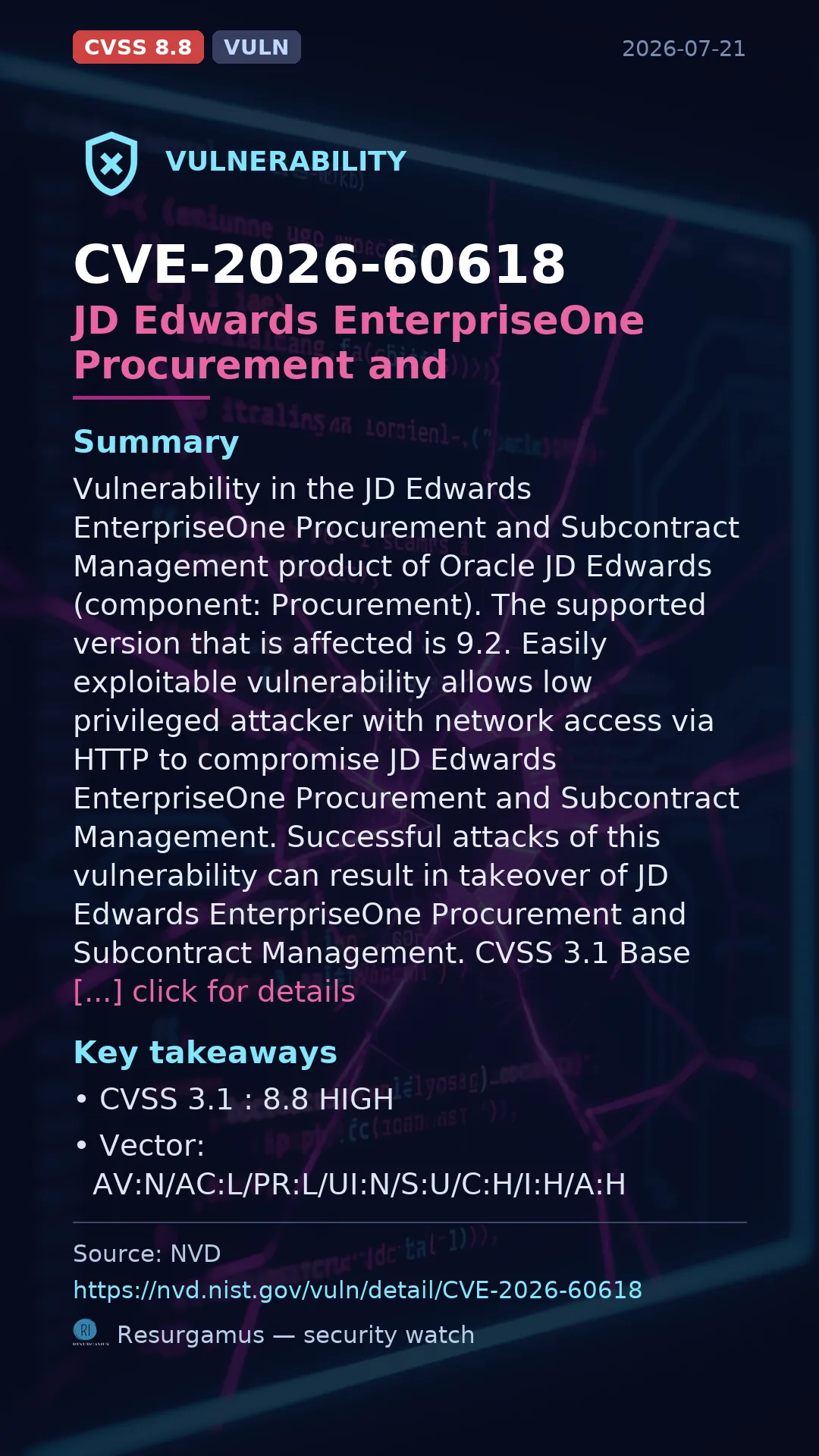 CVE-2026-60618 JD Edwards EnterpriseOne Procurement and Vulnerability