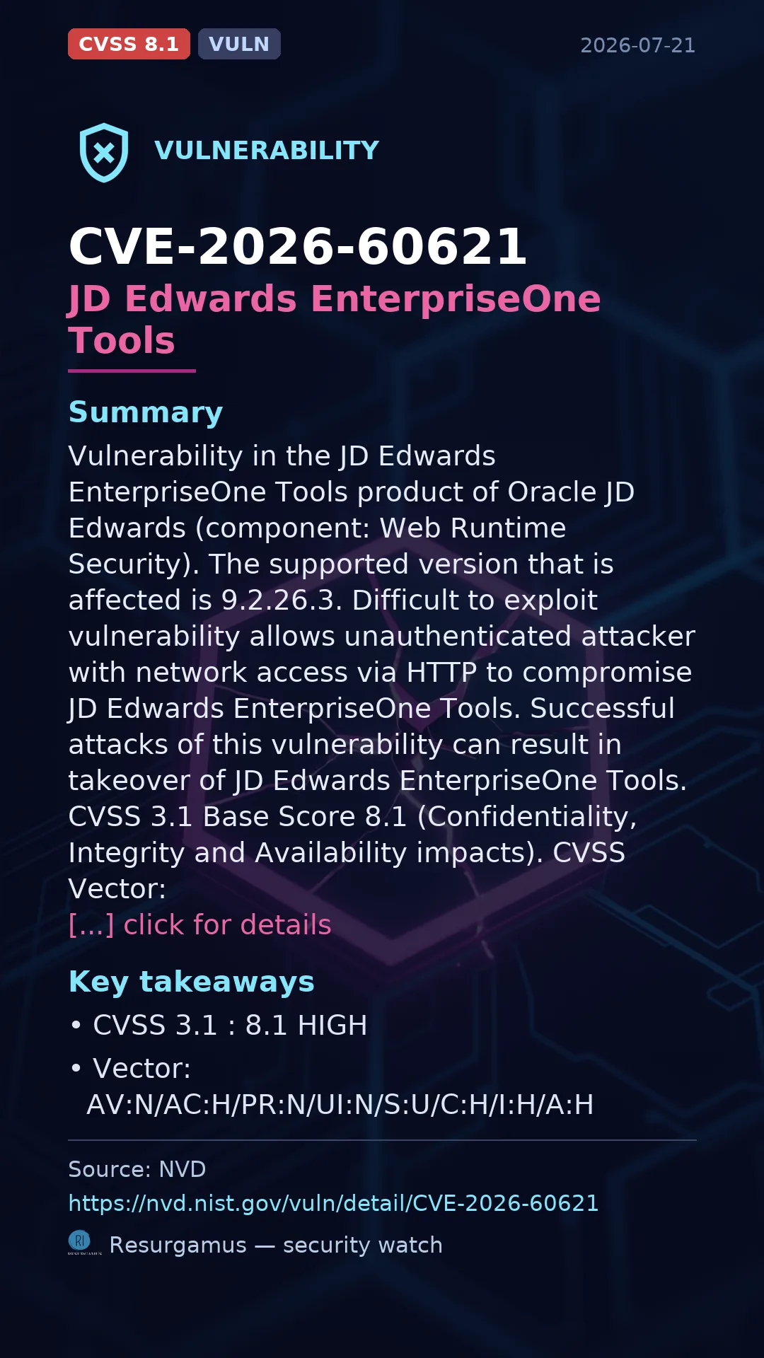 CVE-2026-60621 JD Edwards EnterpriseOne Tools Vulnerability