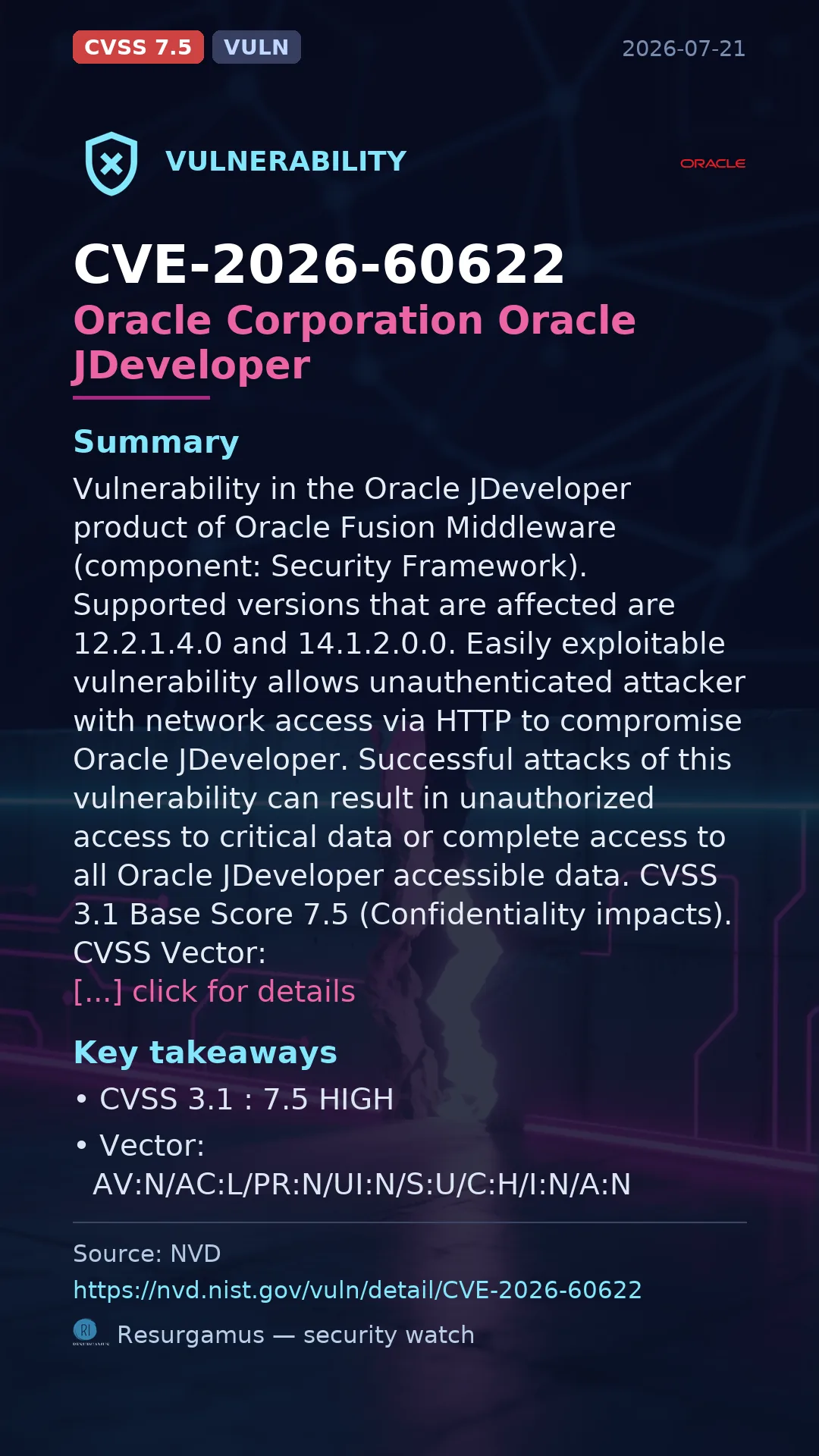 CVE-2026-60622 Oracle Corporation Oracle JDeveloper Vulnerability