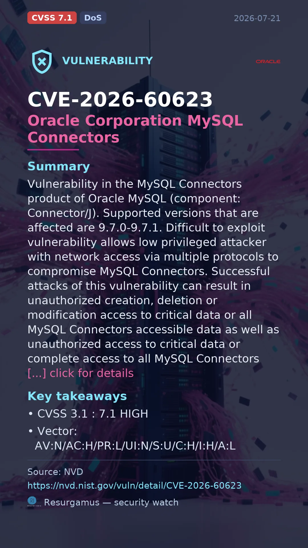 CVE-2026-60623 Oracle Corporation MySQL Connectors Vulnerability