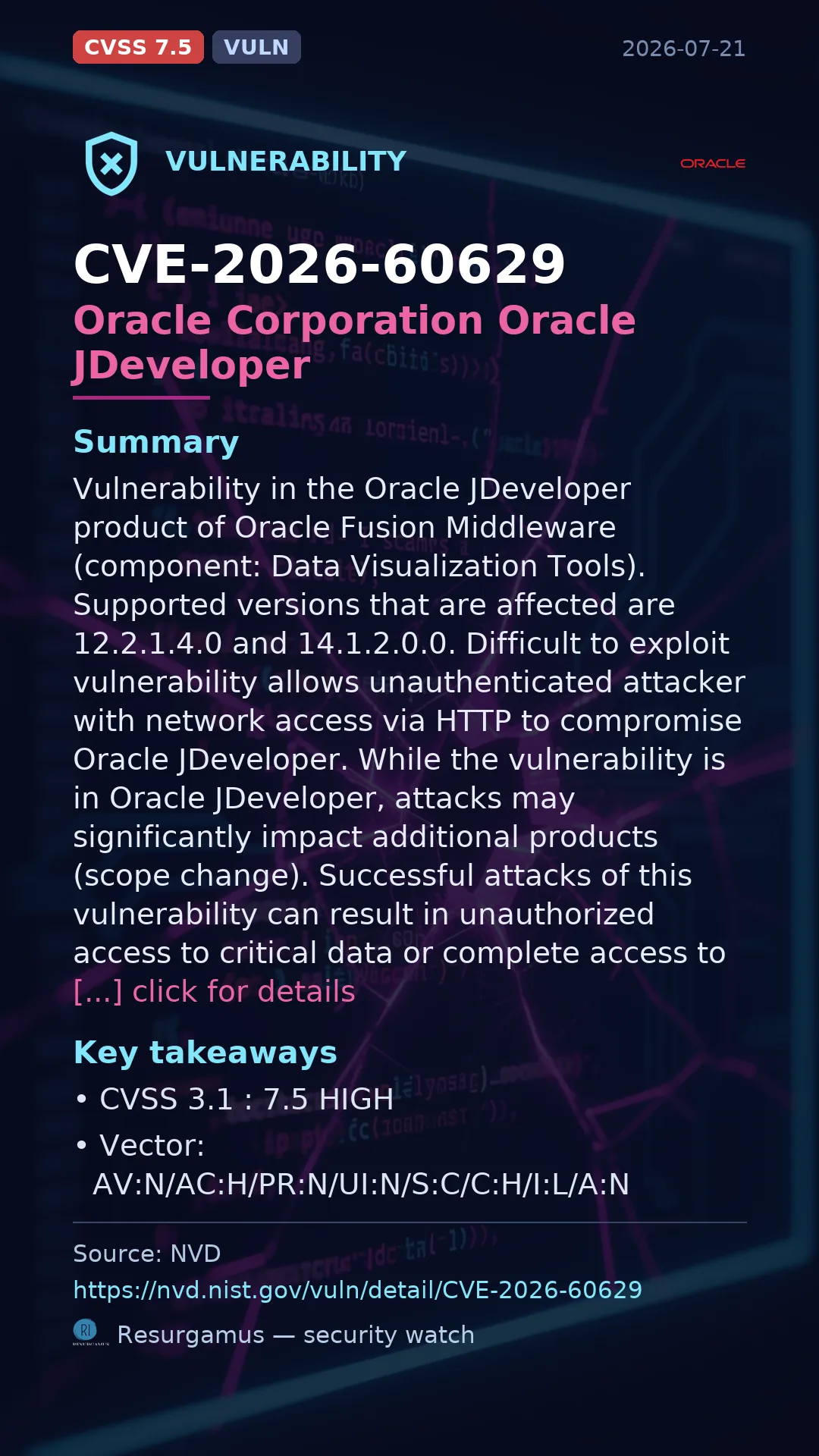 CVE-2026-60629 Oracle Corporation Oracle JDeveloper Vulnerability