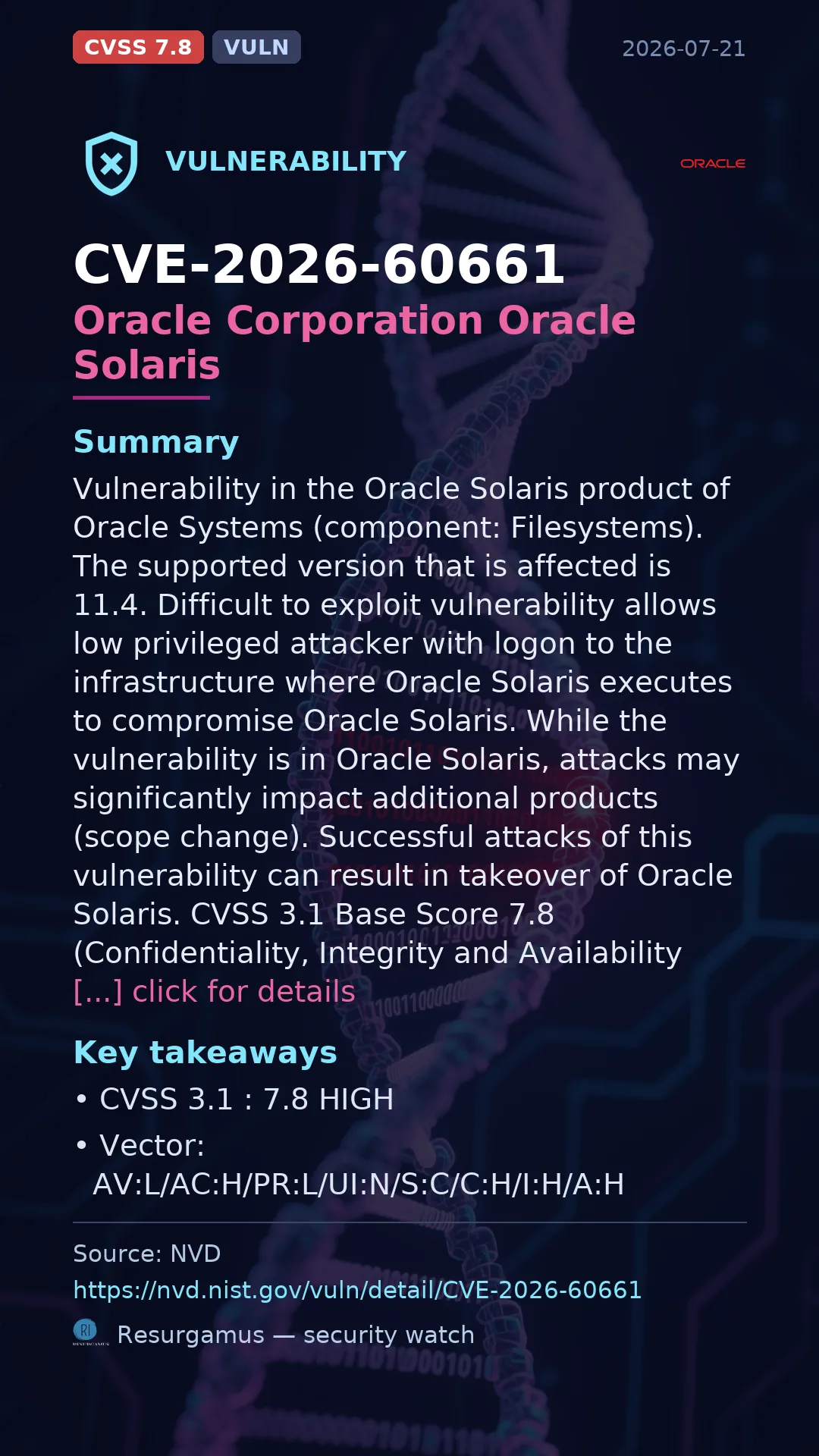 CVE-2026-60661 Oracle Corporation Oracle Solaris Vulnerability
