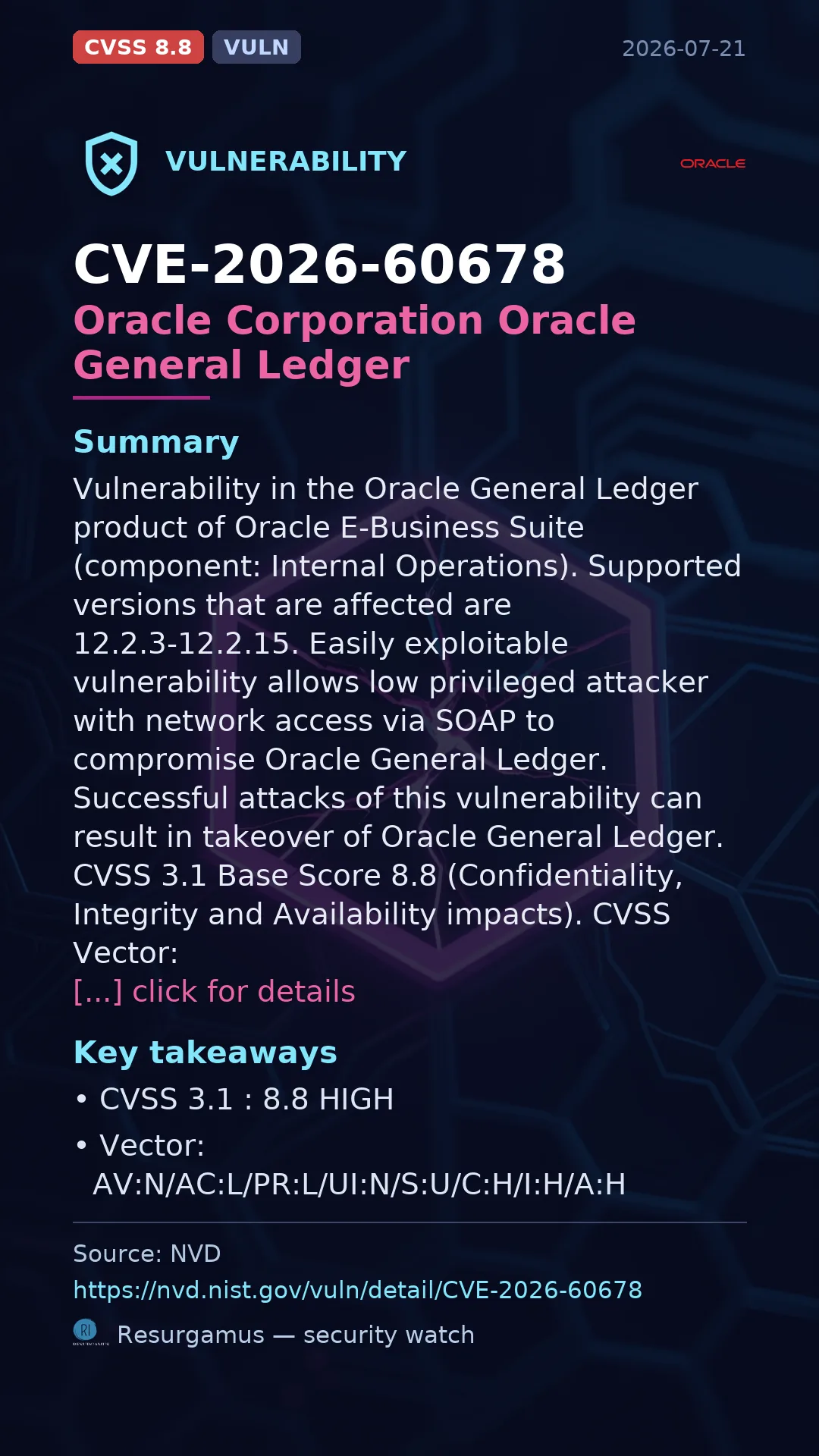 CVE-2026-60678 Oracle Corporation Oracle General Ledger Vulnerability
