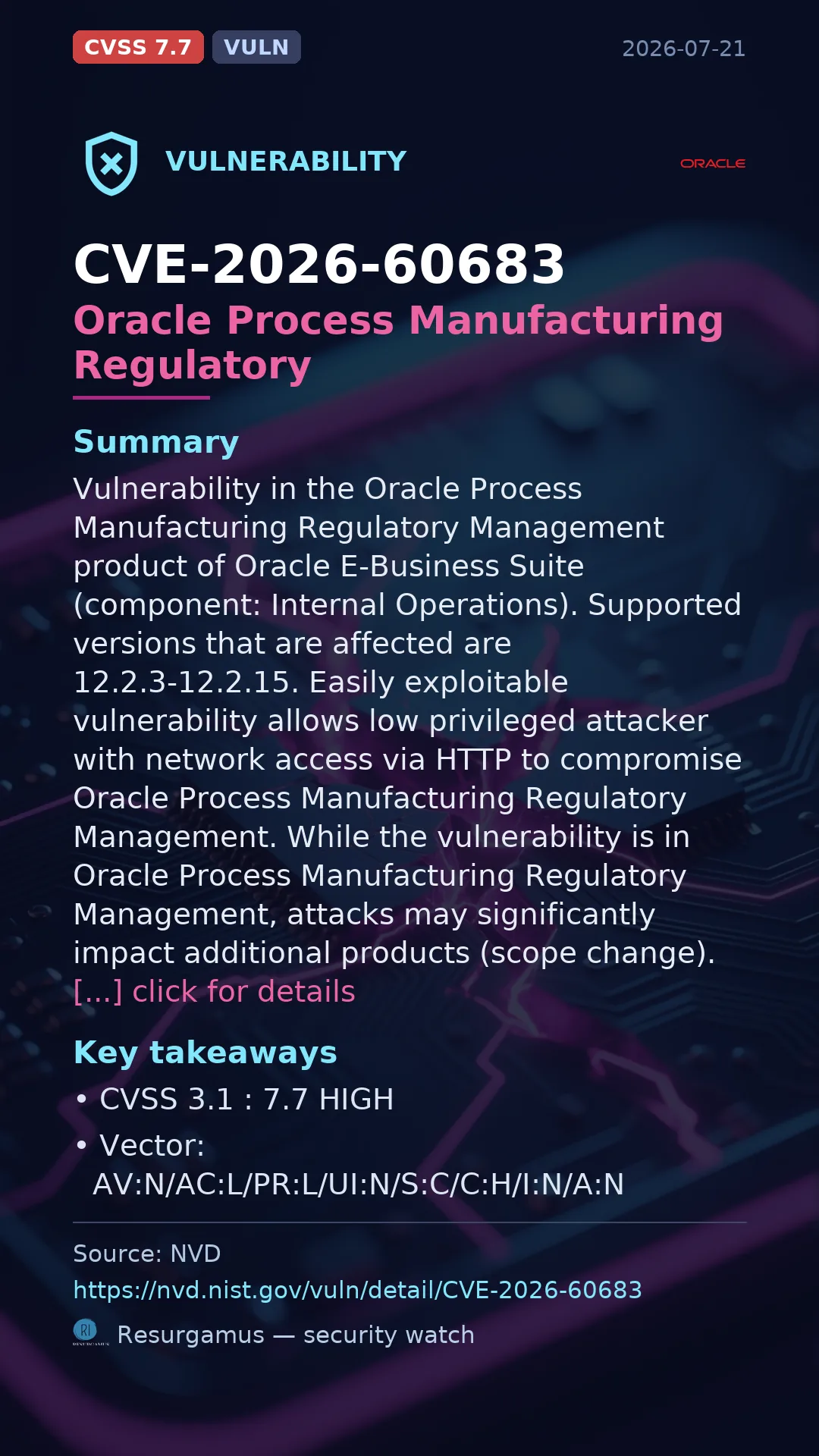 CVE-2026-60683 Oracle Process Manufacturing Regulatory  Vulnerability