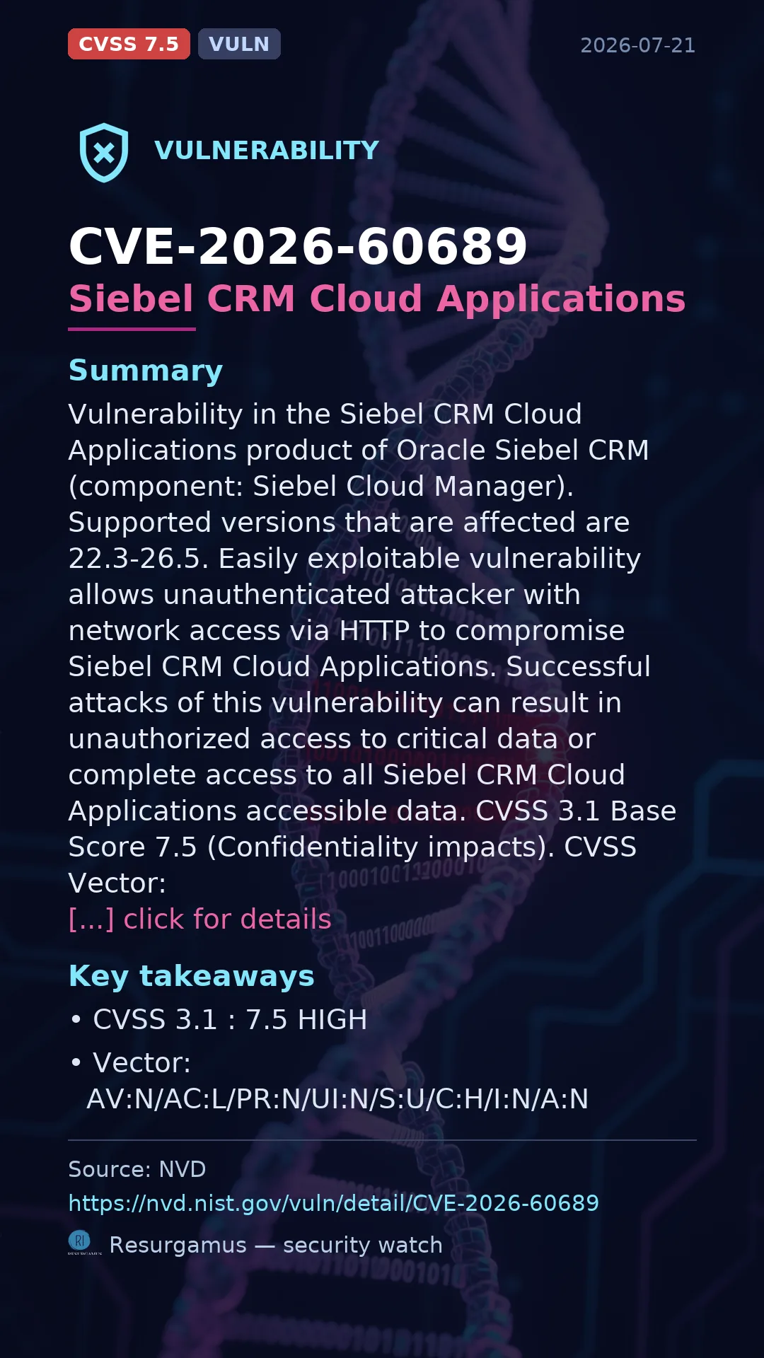 CVE-2026-60689 Siebel CRM Cloud Applications Vulnerability