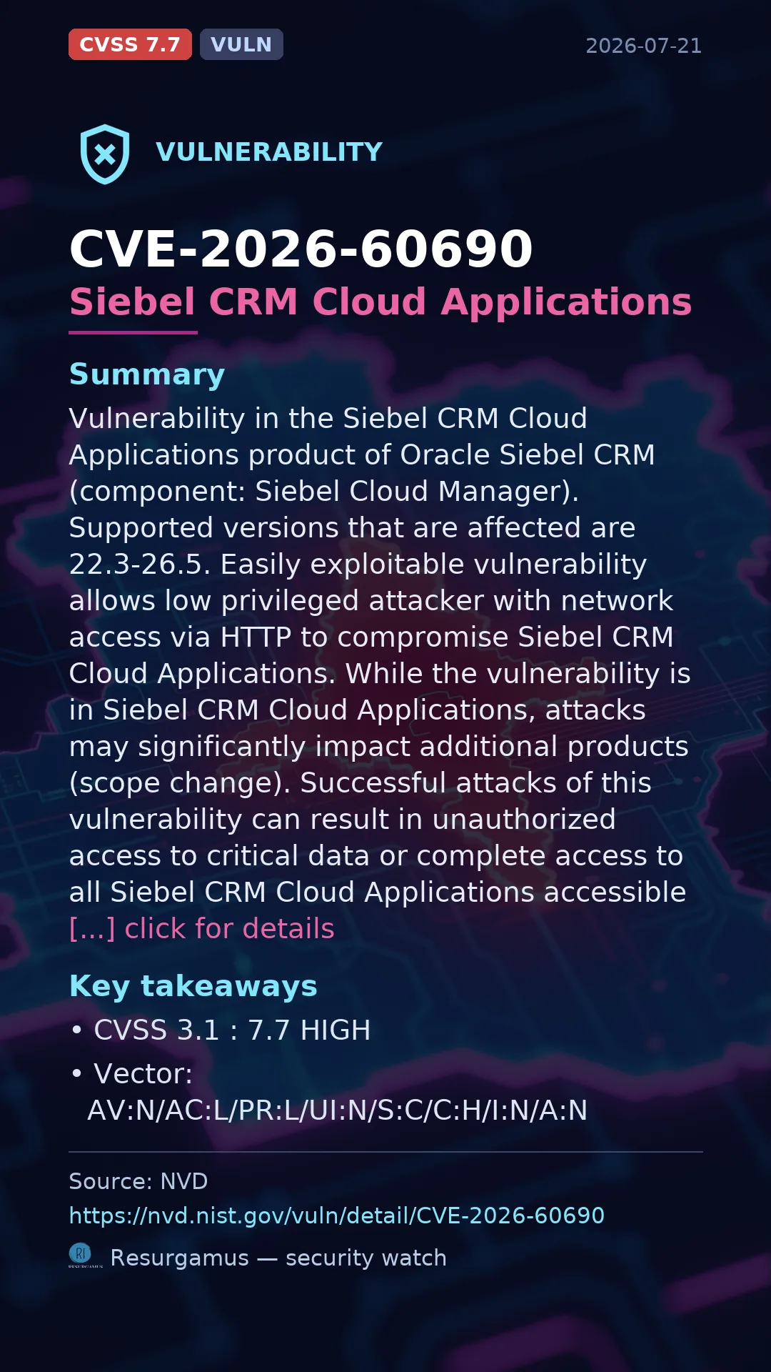 CVE-2026-60690 Siebel CRM Cloud Applications Vulnerability