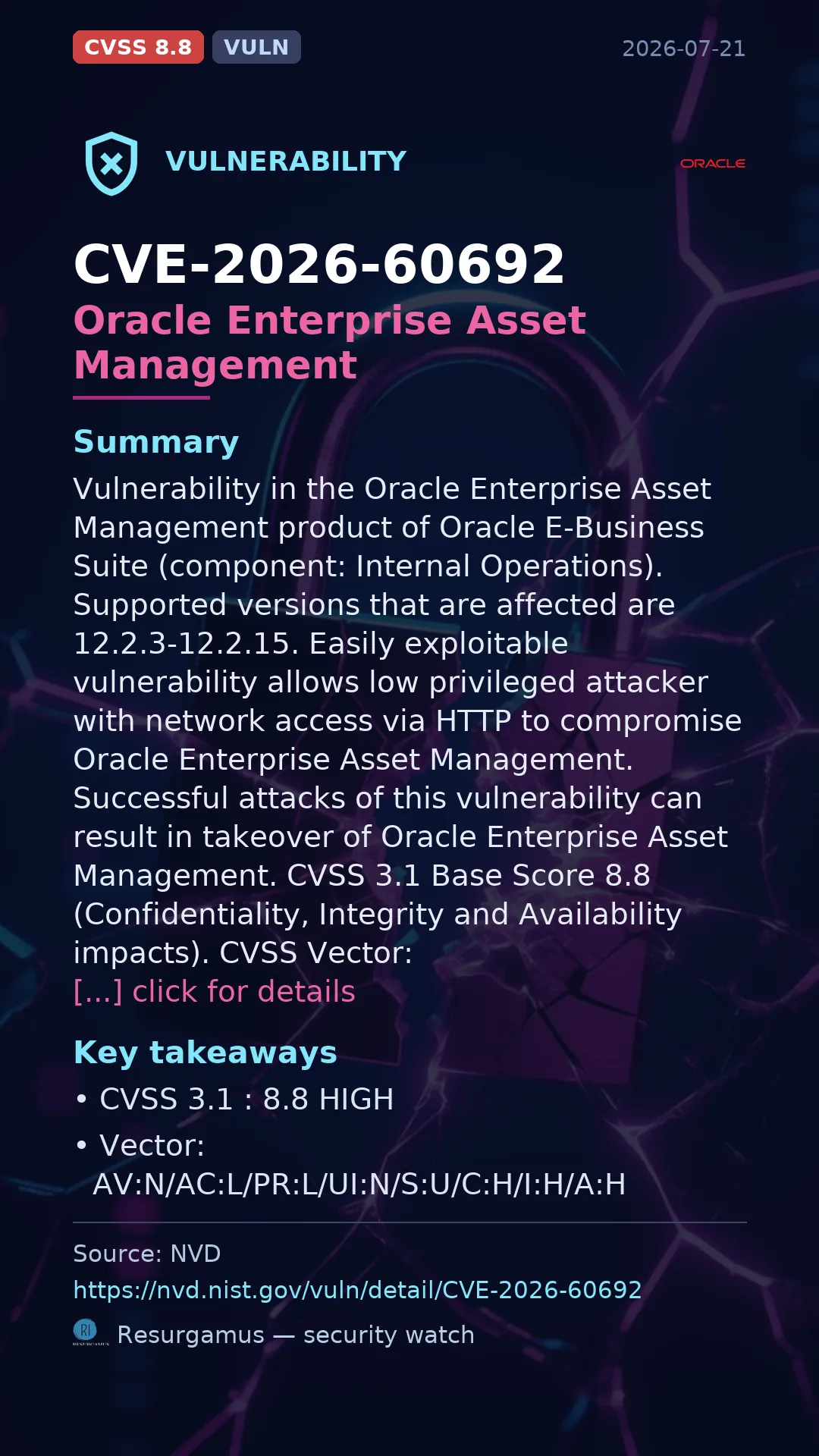 CVE-2026-60692 Oracle Enterprise Asset Management Vulnerability