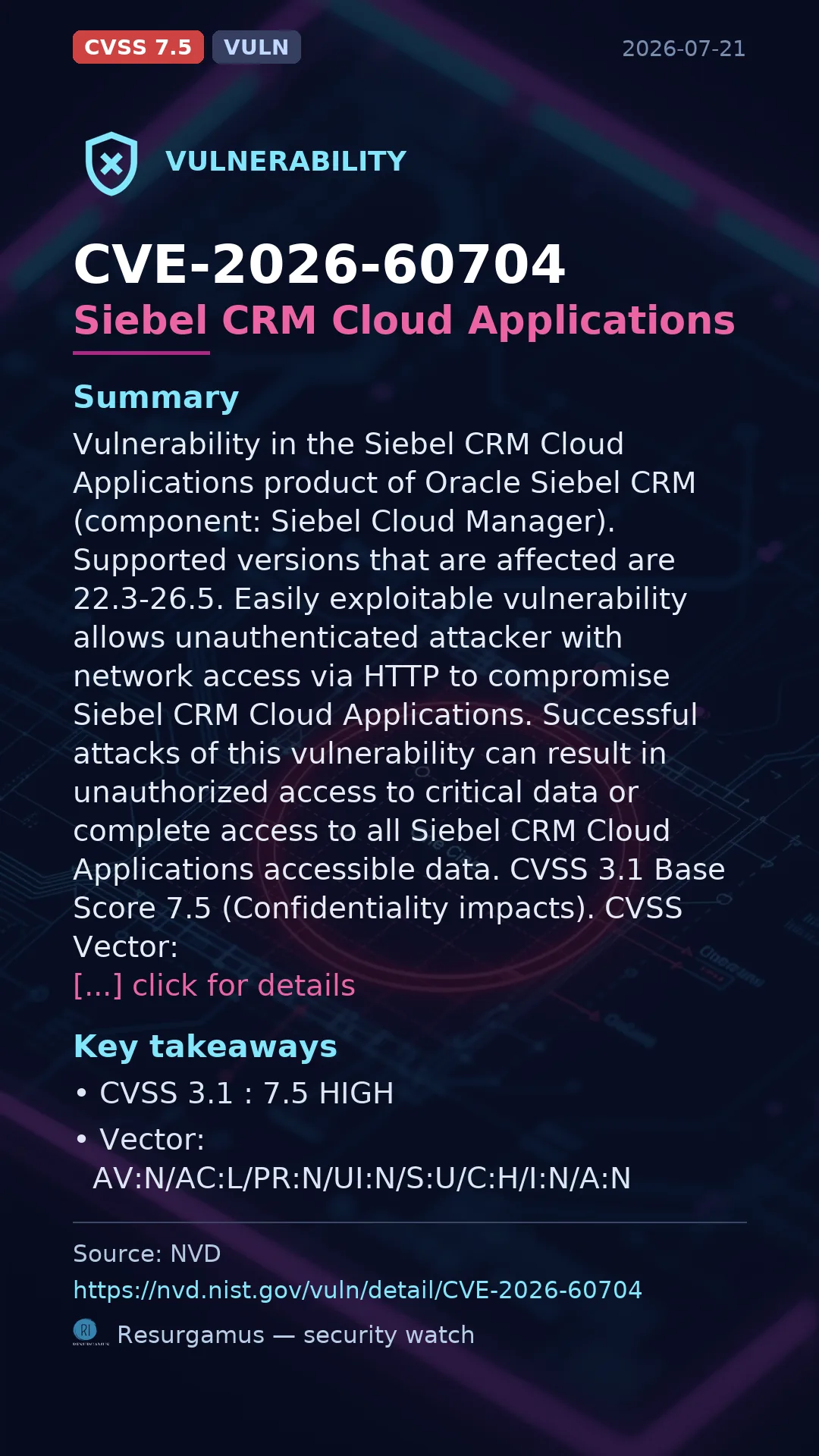 CVE-2026-60704 Siebel CRM Cloud Applications Vulnerability