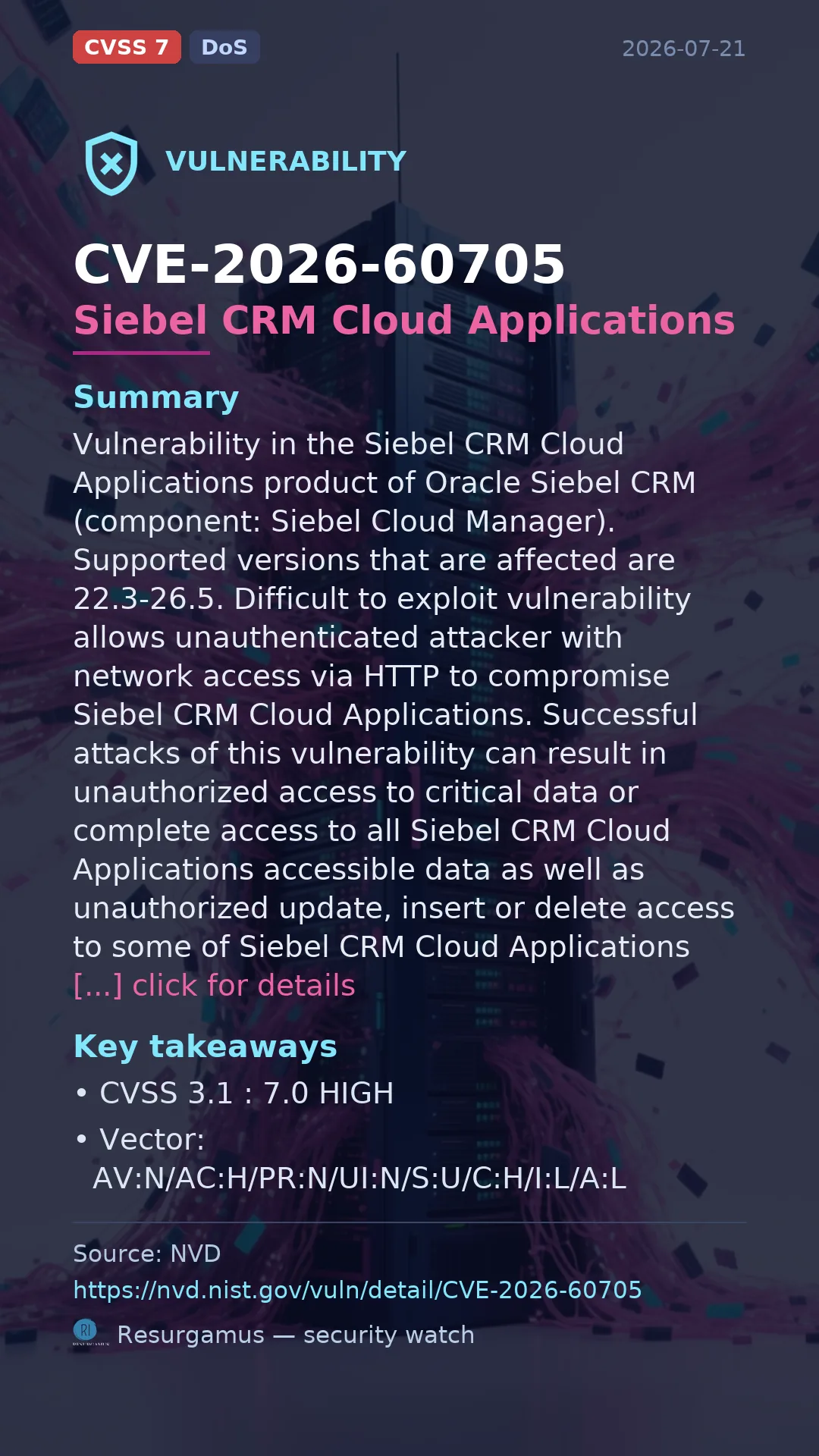 CVE-2026-60705 Siebel CRM Cloud Applications Vulnerability
