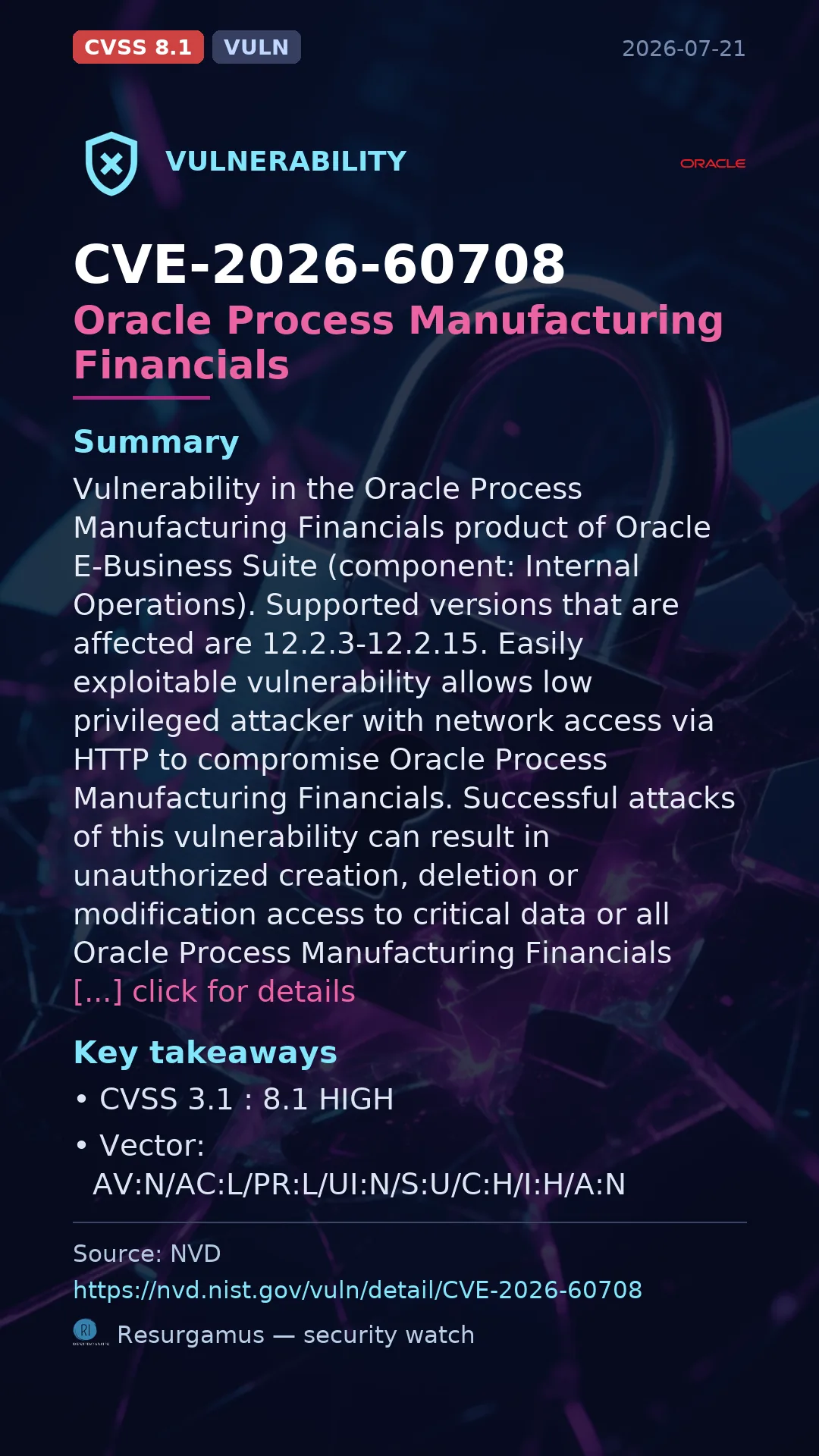 CVE-2026-60708 Oracle Process Manufacturing Financials Vulnerability