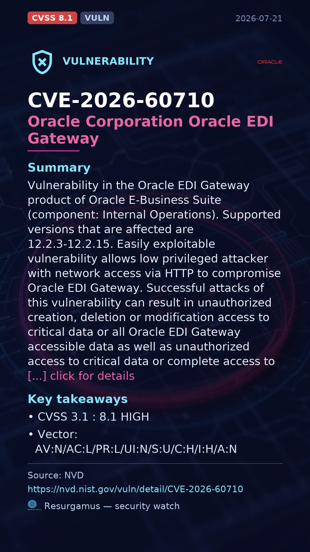 CVE-2026-60710 Oracle Corporation Oracle EDI Gateway Vulnerability