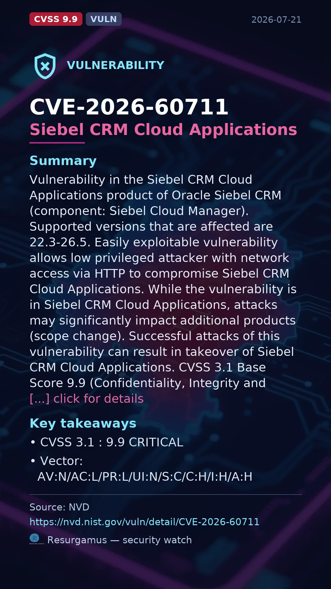 CVE-2026-60711 Siebel CRM Cloud Applications Vulnerability