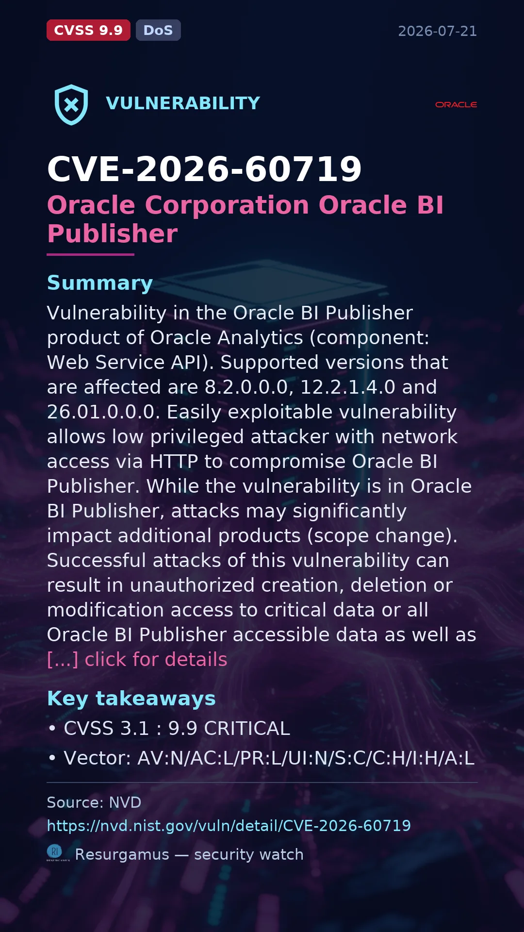CVE-2026-60719 Oracle Corporation Oracle BI Publisher Vulnerability