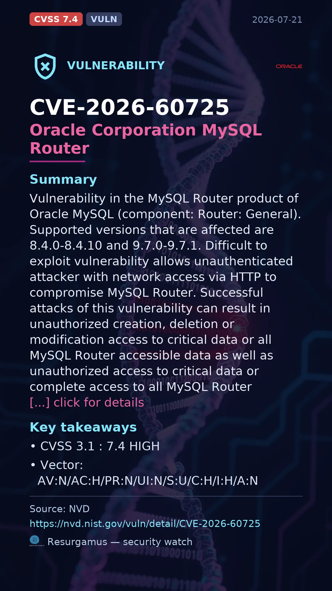 CVE-2026-60725 Oracle Corporation MySQL Router Vulnerability